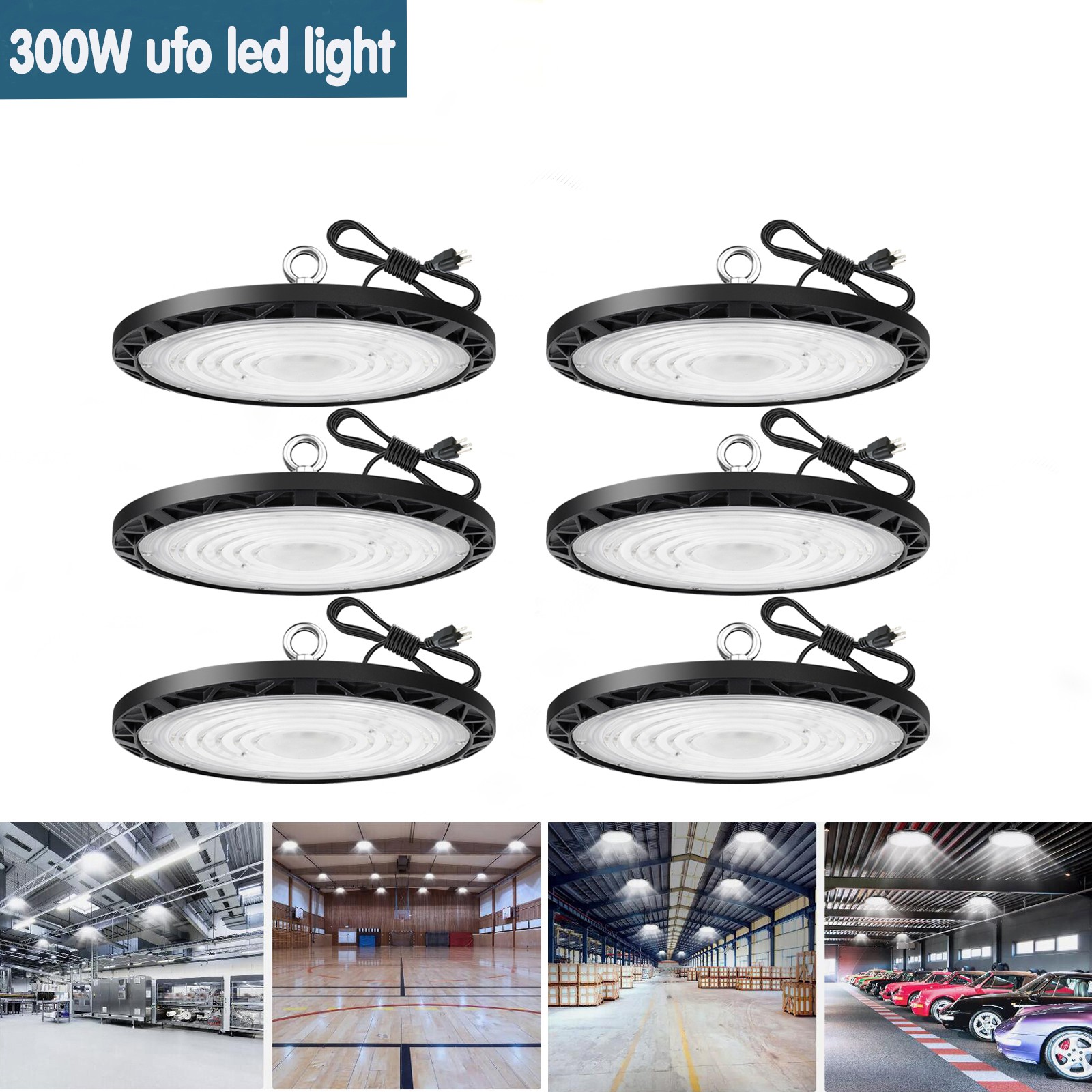 6 Pack 300W UFO LED High Bay Light Industrial Factory Warehouse Shop Commercial