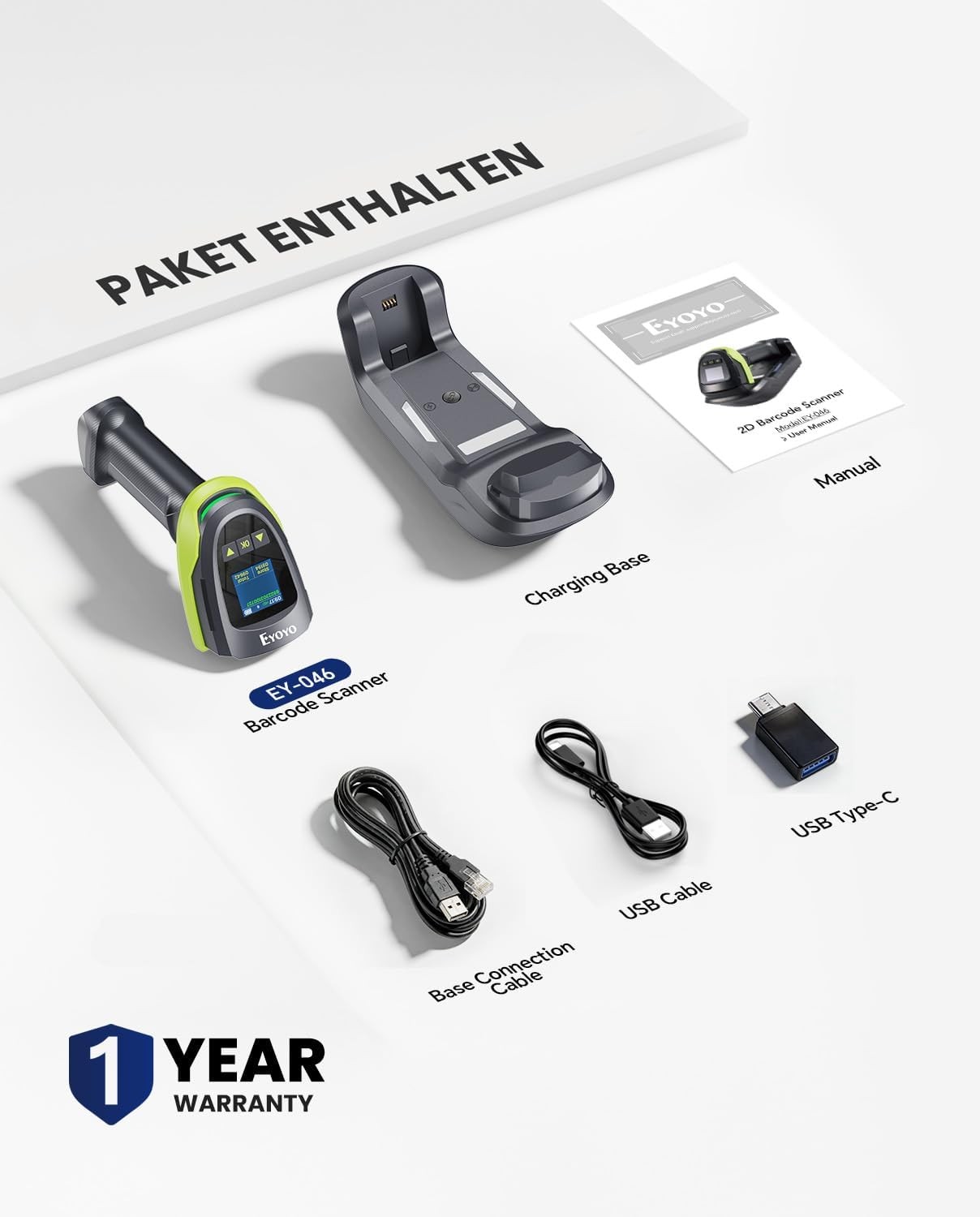Eyoyo 2D QR Code POS Barcode Scanner Wireless with Screen,Wall-Mount & 2900mAh