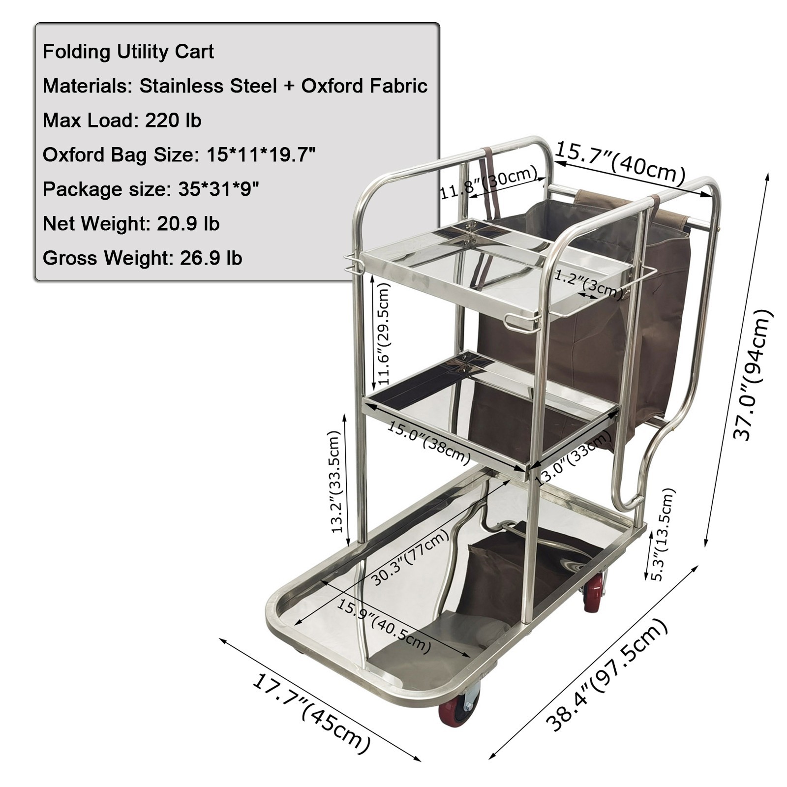 220lb Load Stainless Steel Janitor Cart With Oxford Cloth Bag
