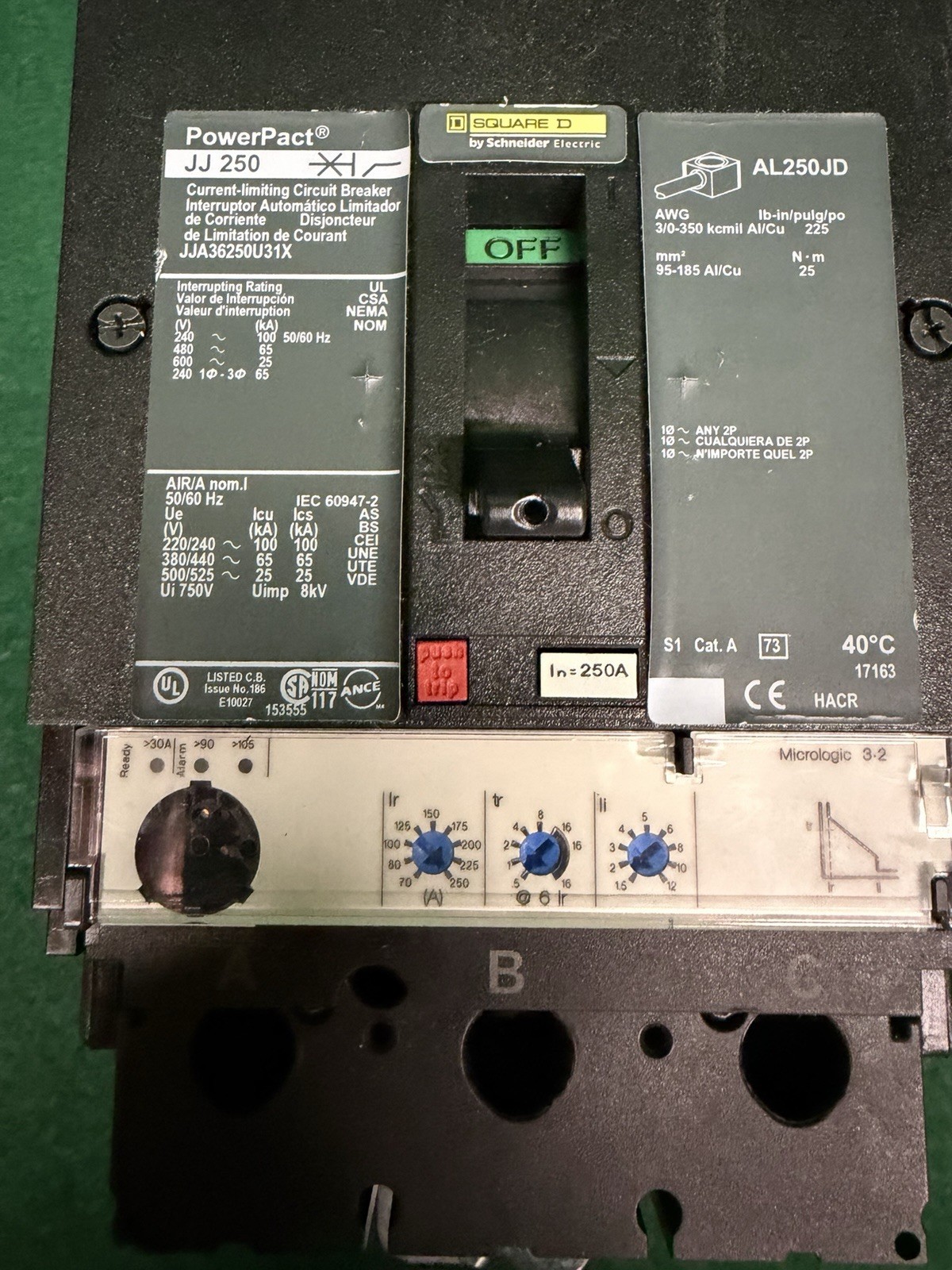 Surplus Pre-owned Square D JJA36250U31X -3P 600V 250A 65K I-Line Circuit Breaker