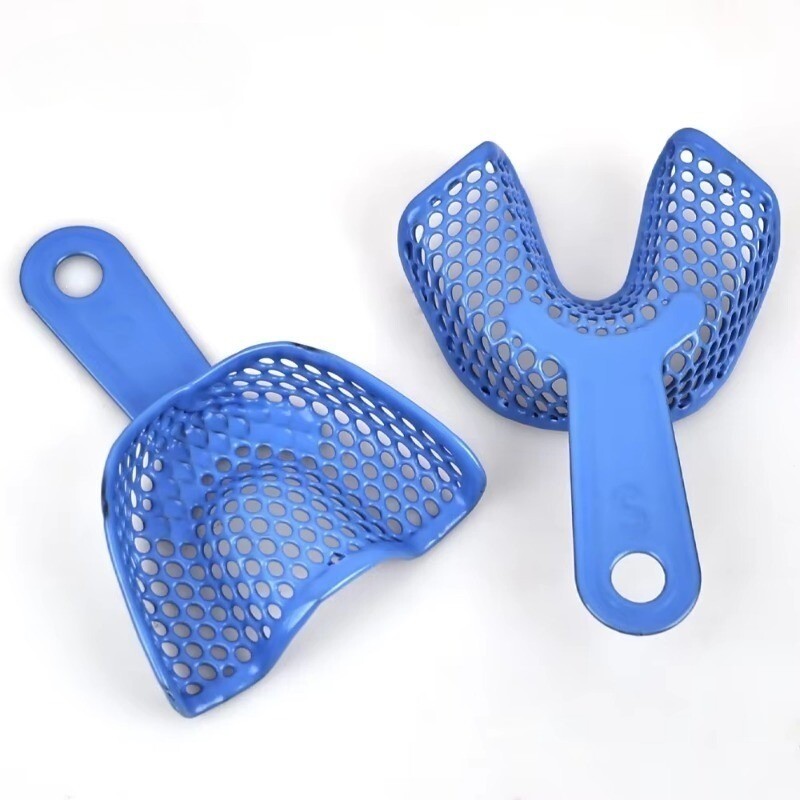 2pc Dental Plastic-Steel Impression Trays Mesh Shape Precise Blue L/M/S/Ant/Side