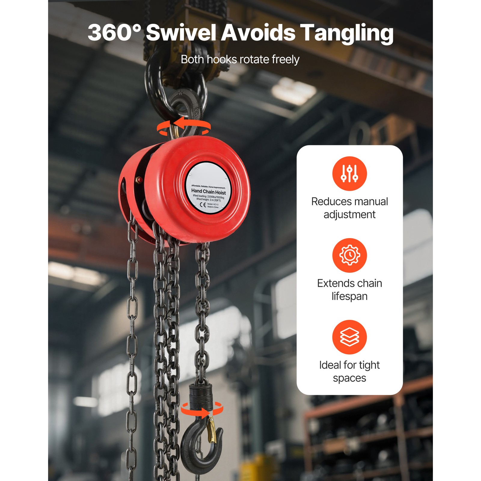Uimoso Manual Chain Hoist 1 Ton/2Ton Capacity with G70 Chain 8/10/20ft Options