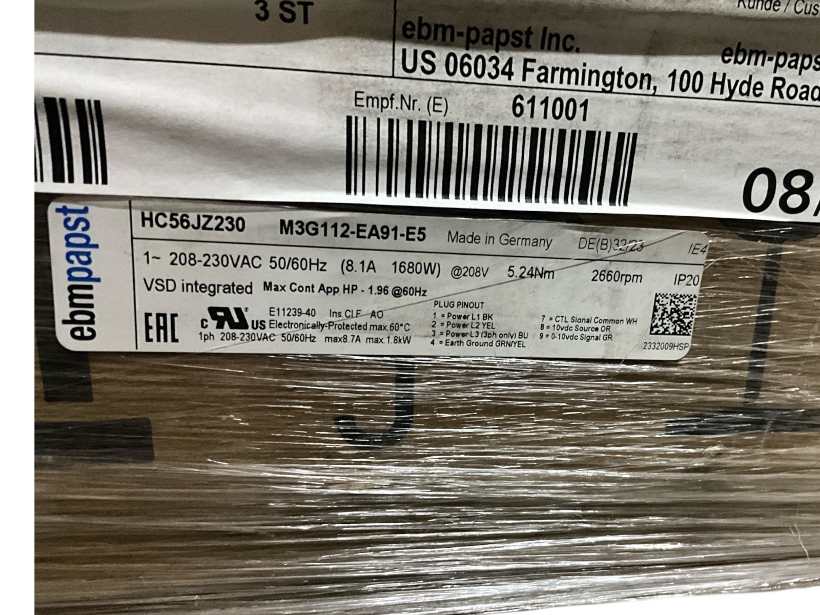 Ebmpapst: Electric Motor HC56JZ230, M3G112-EA91-E5, 208/230VAC, 50/60Hz, 2660RPM