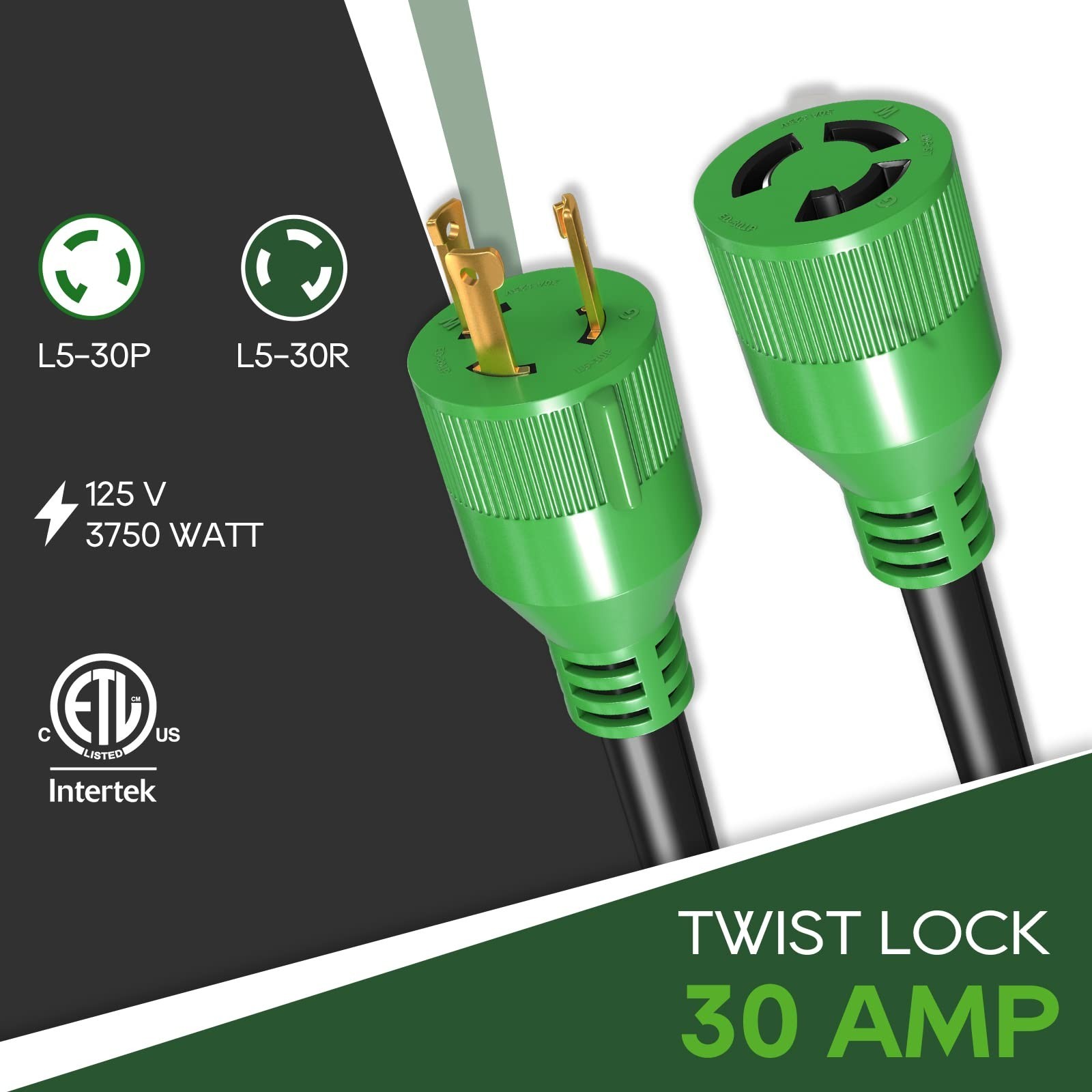 30 Amp 50ft Generator Extension Cord, NEMA L5-30P, 125V, 10 Gauge, ETL Listed