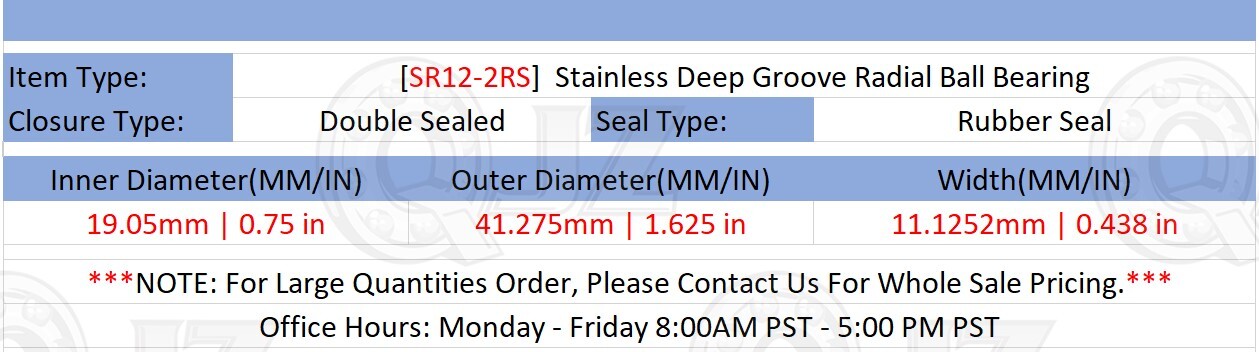 [Qty.1] SR12-2RS Stainless Ball Bearing [0.75in Bore x 1.625in OD x 0.438in W]