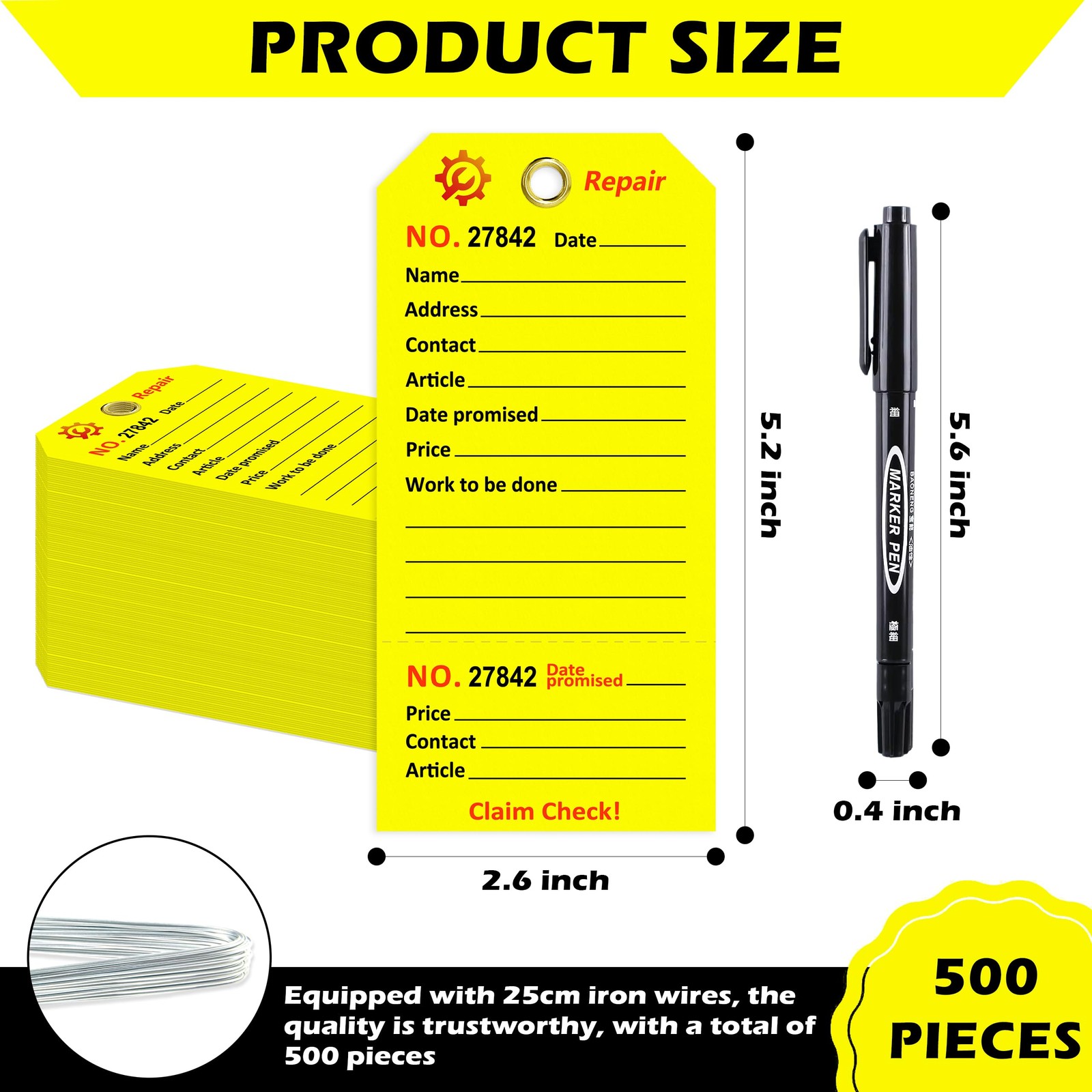 500 Pcs Repair Tags with Hole and Wire Maintenance Service Tags 2.6 x 5.25 In…