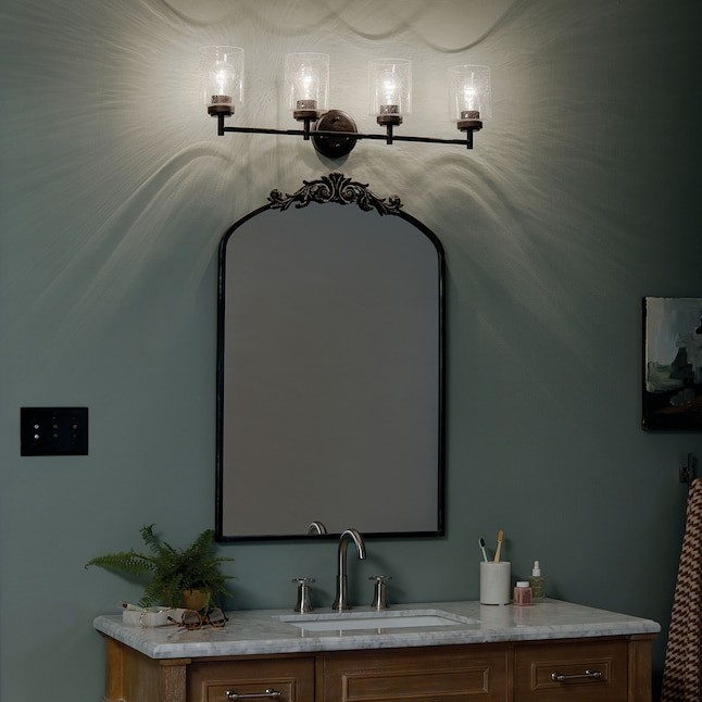 KICHLER Winslow 30″ 4-Light Black Contemporary Bathroom Light with Seeded Glass