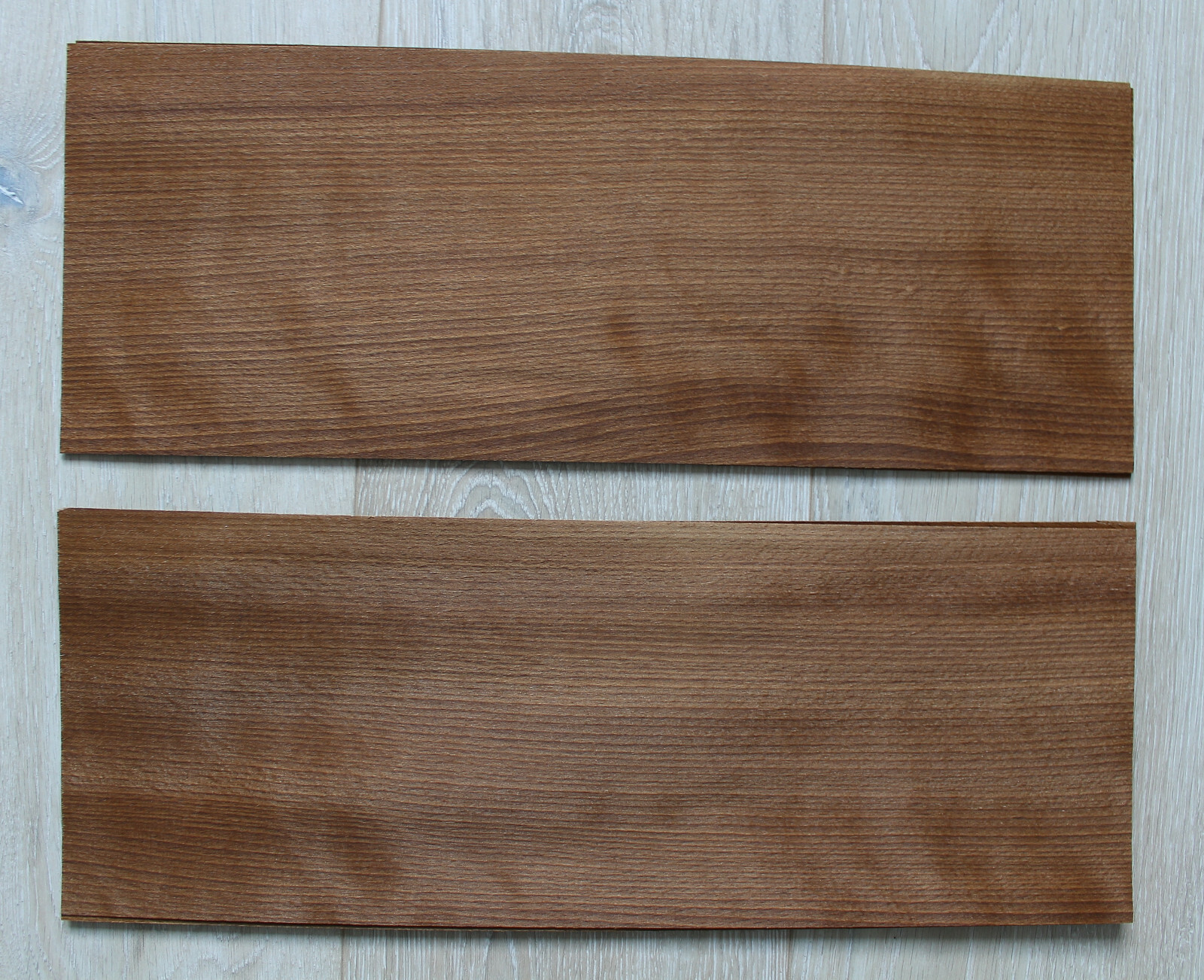 Beech Fumé wood veneer, 2 sheets, ~ 18.1 x 6.88″ (46 x 17.5cm), 0.55mm (~1/45″)