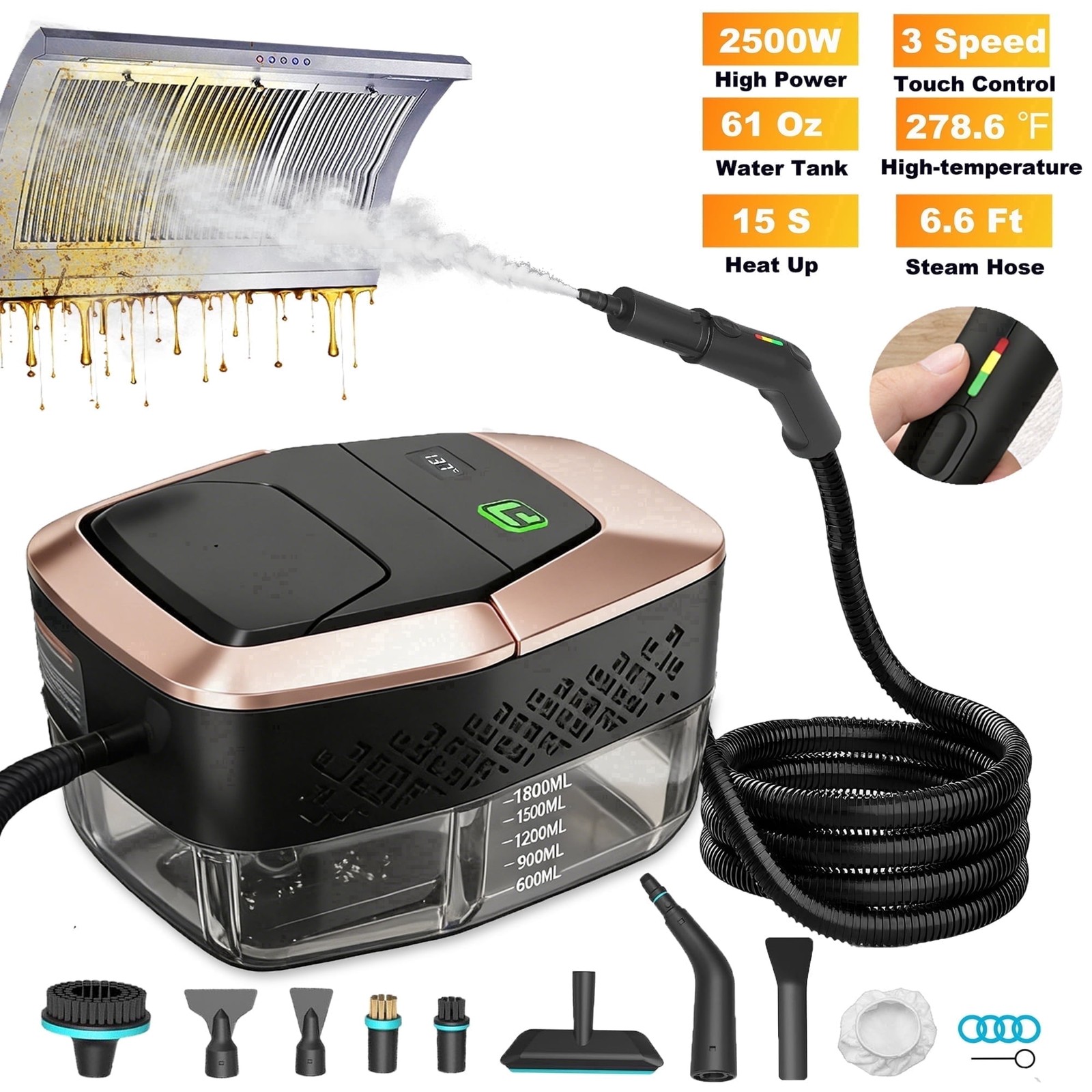 Yuyongr Handheld Steam Cleaner, 2500W, 3-Level Adjustable Steam Control, 1.9