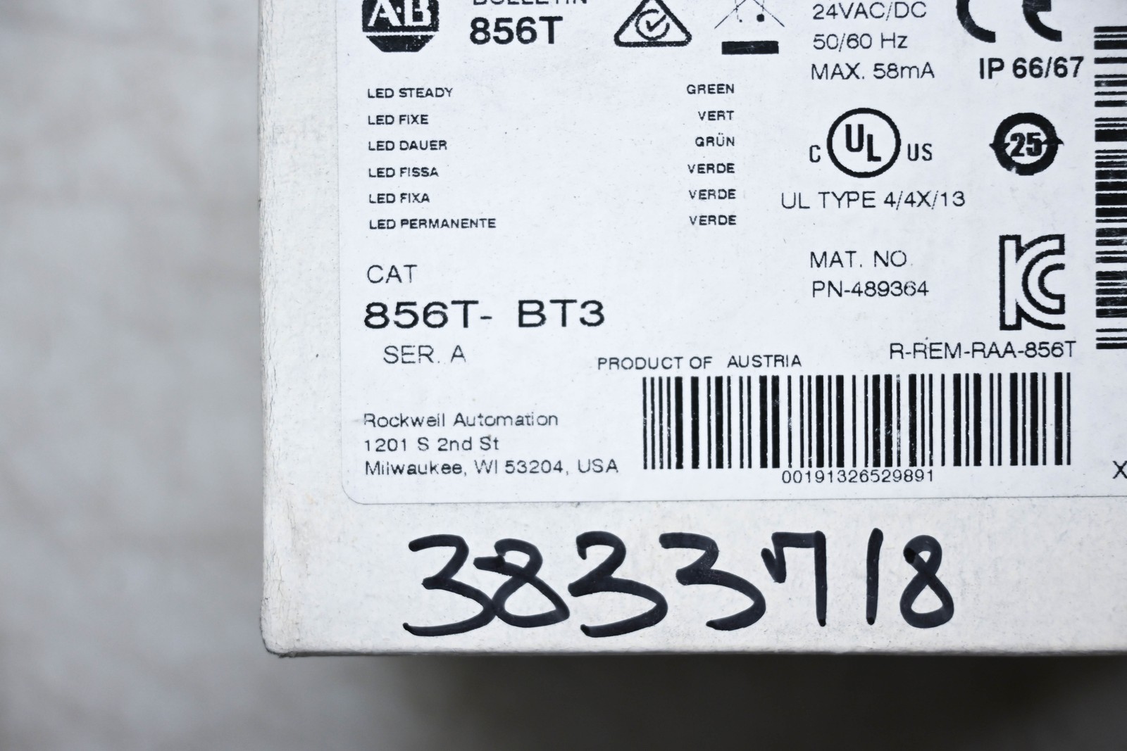 Allen-Bradley 856T-BT3 Green Steady LED Stack Light 24VAC/DC 70mm NOS