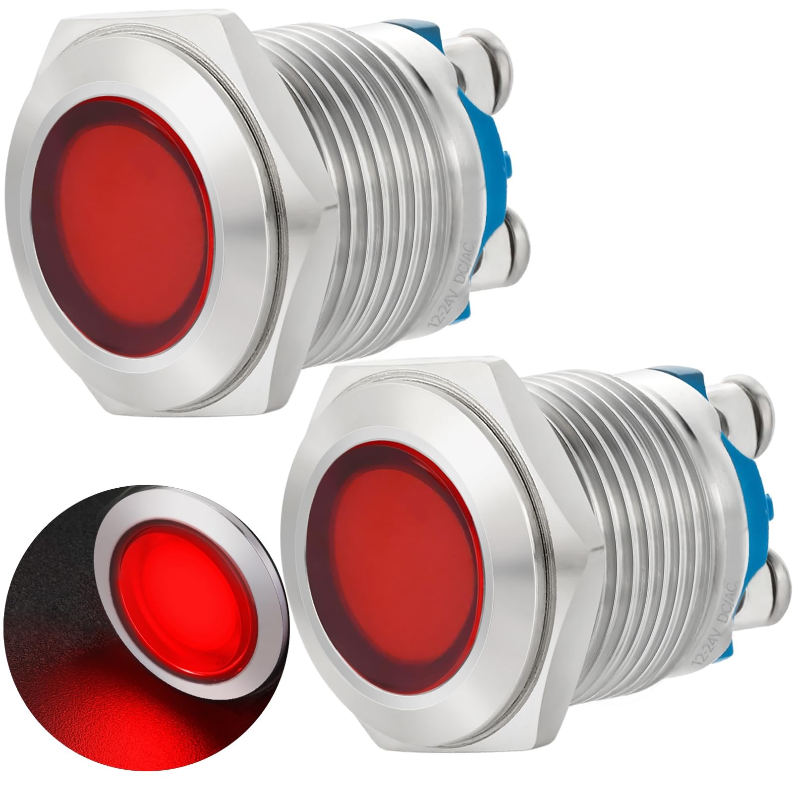 16mm 5/8in Indicator Light Stainless Steel 304 12V-24V 12-24 V AC/DC, Red