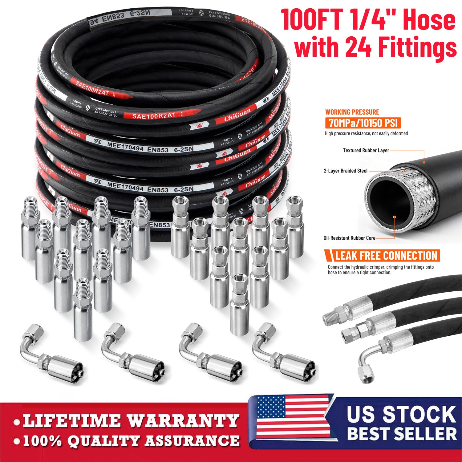 100FT 1/4″ Hydraulic Hose & 24 Fittings (JIC Female & NPTF Male & JIC Female 90°