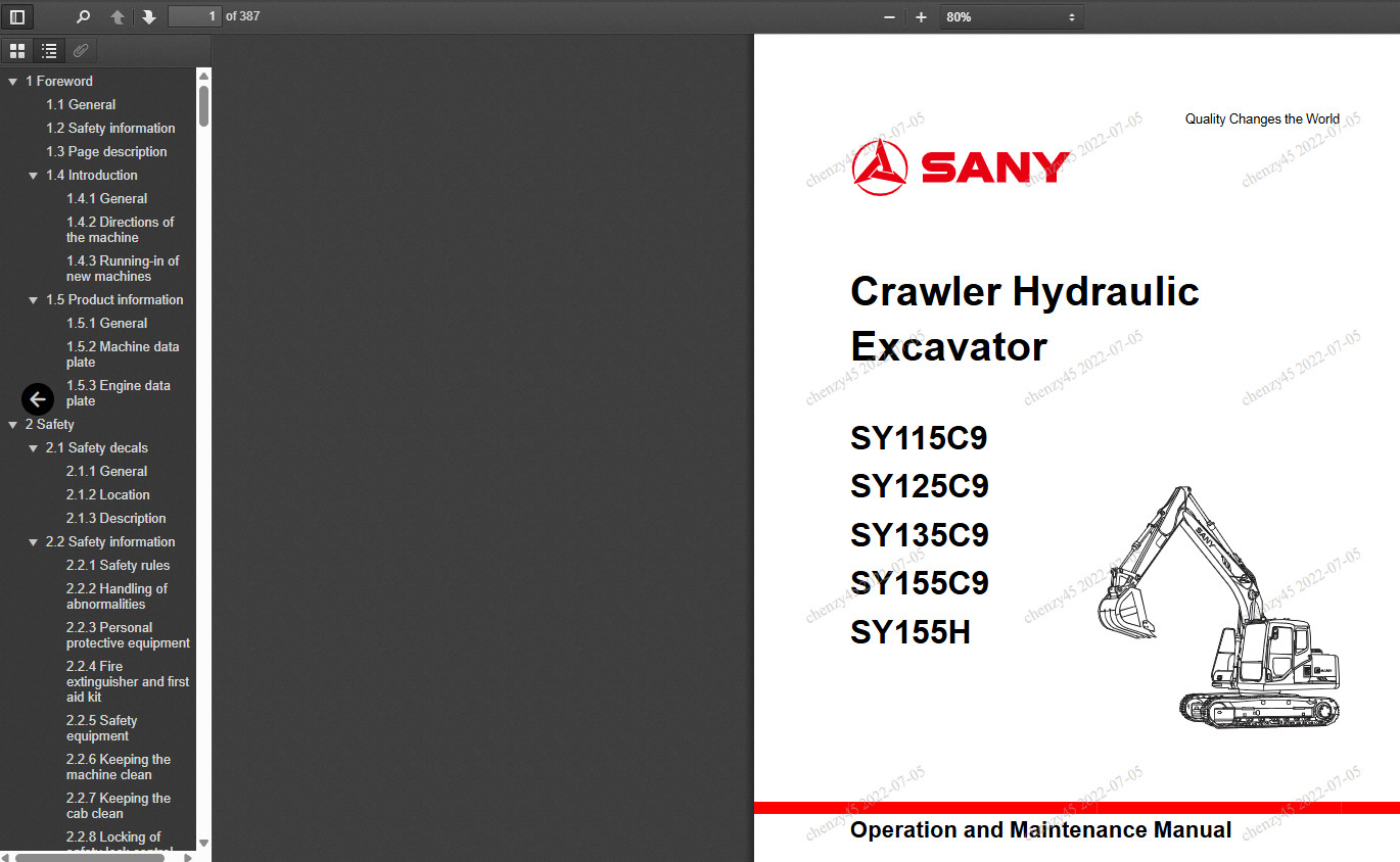 SANY SY135C9 EXCAVATOR SERVICE MANUAL OPERATION AND MAINTENANCE PARTS BOOK PDF