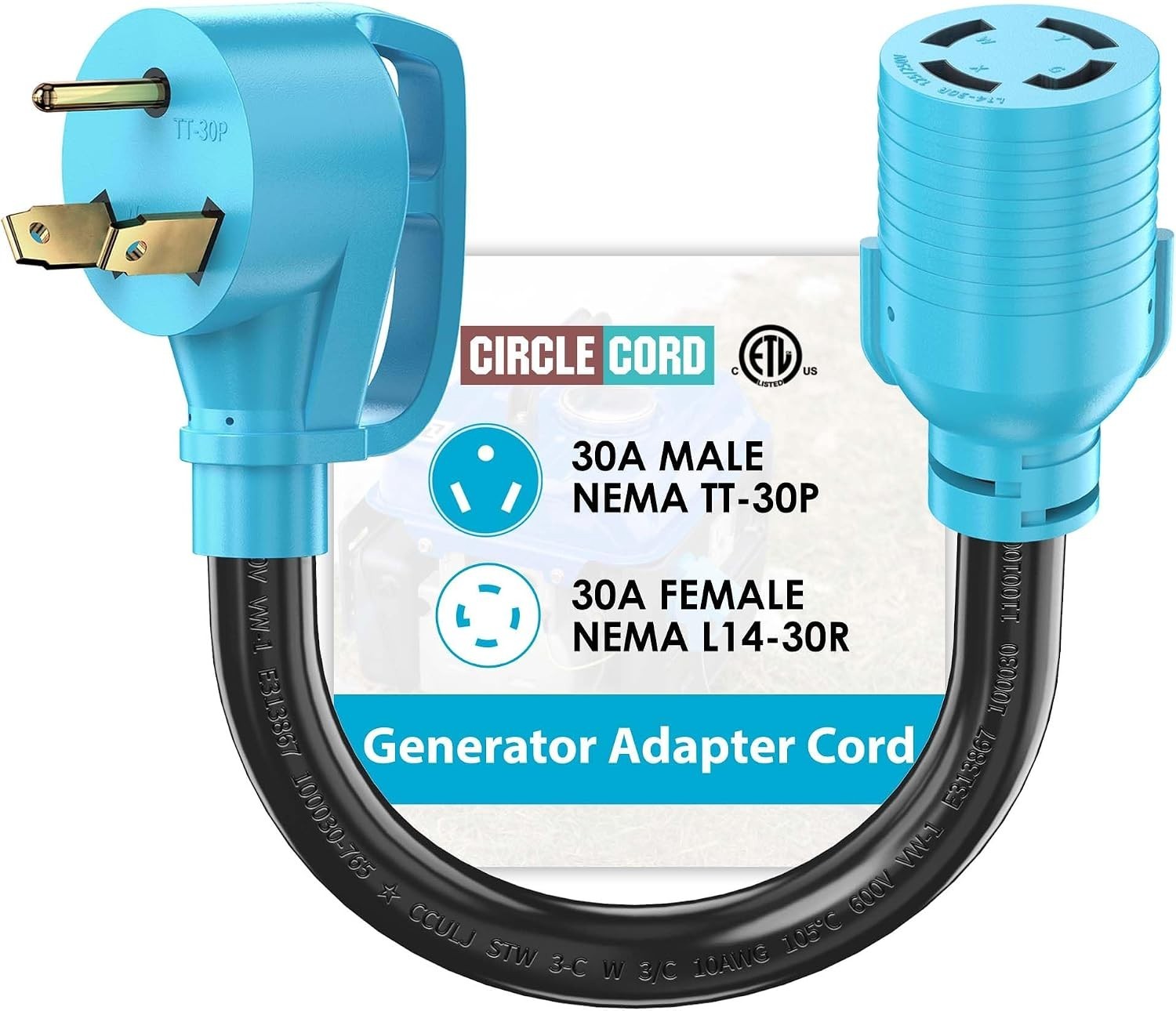 30 Amp NEMA TT-30P to L14-30R Generator Adapter – 12 Inch Heavy Duty Cable