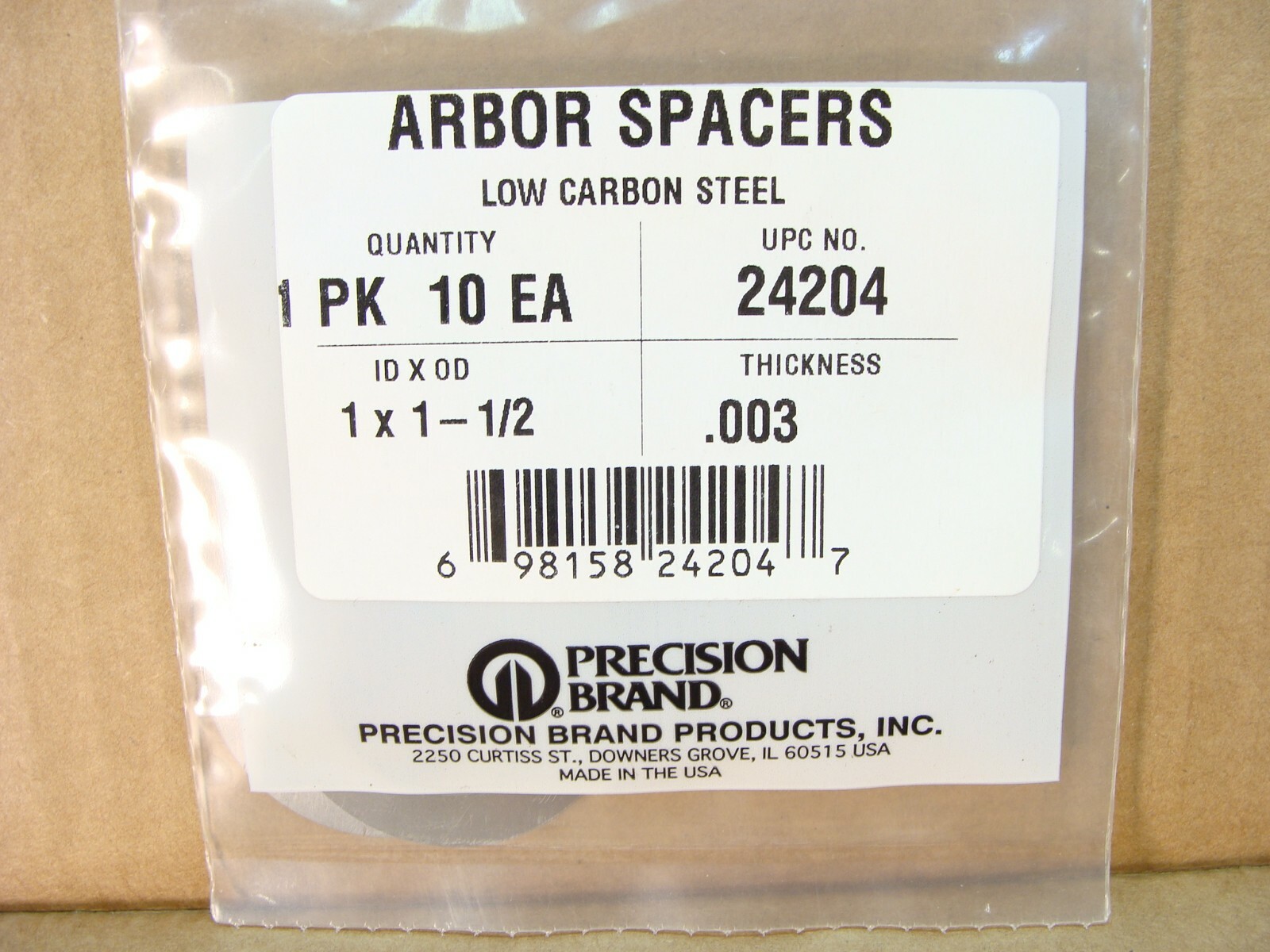 NEW 10 Precision Brand arbor spacers shims 24204 0.003 USA 1 x 1 1/2 .003