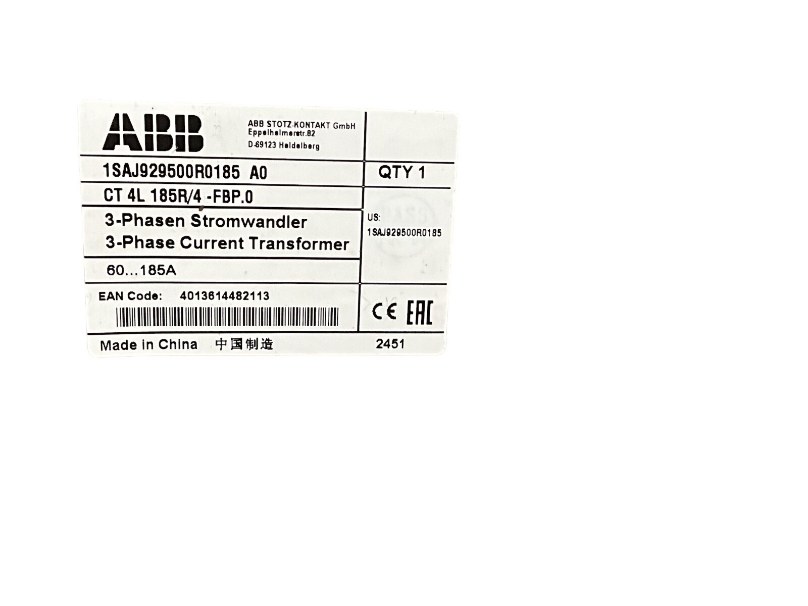 ABB 1SAJ929500R0185 3-phase Current Transformer ct4l185r/4