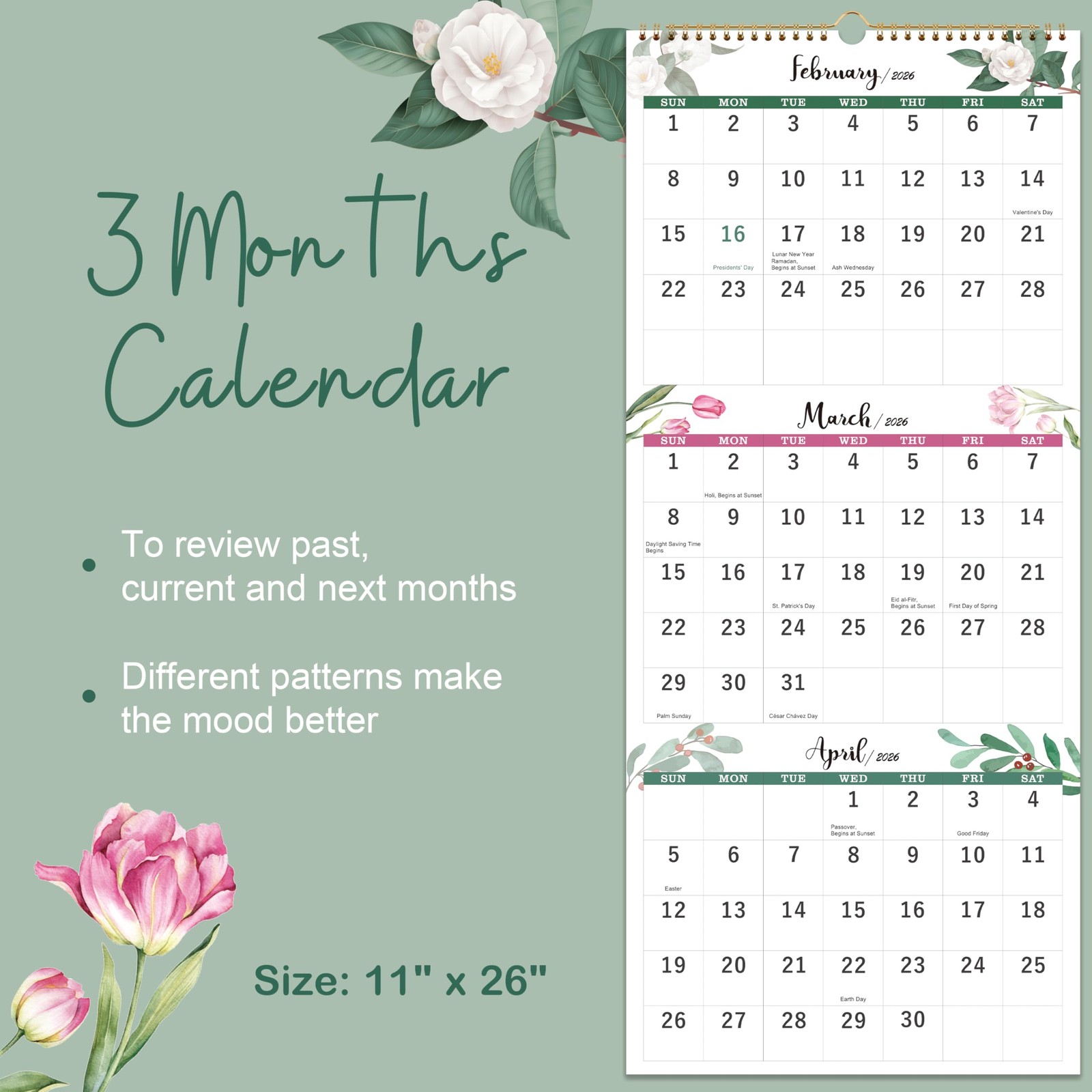 2026 Calendar – 3 Month Display Wall 2026, Jan. 2026 – Dec. green