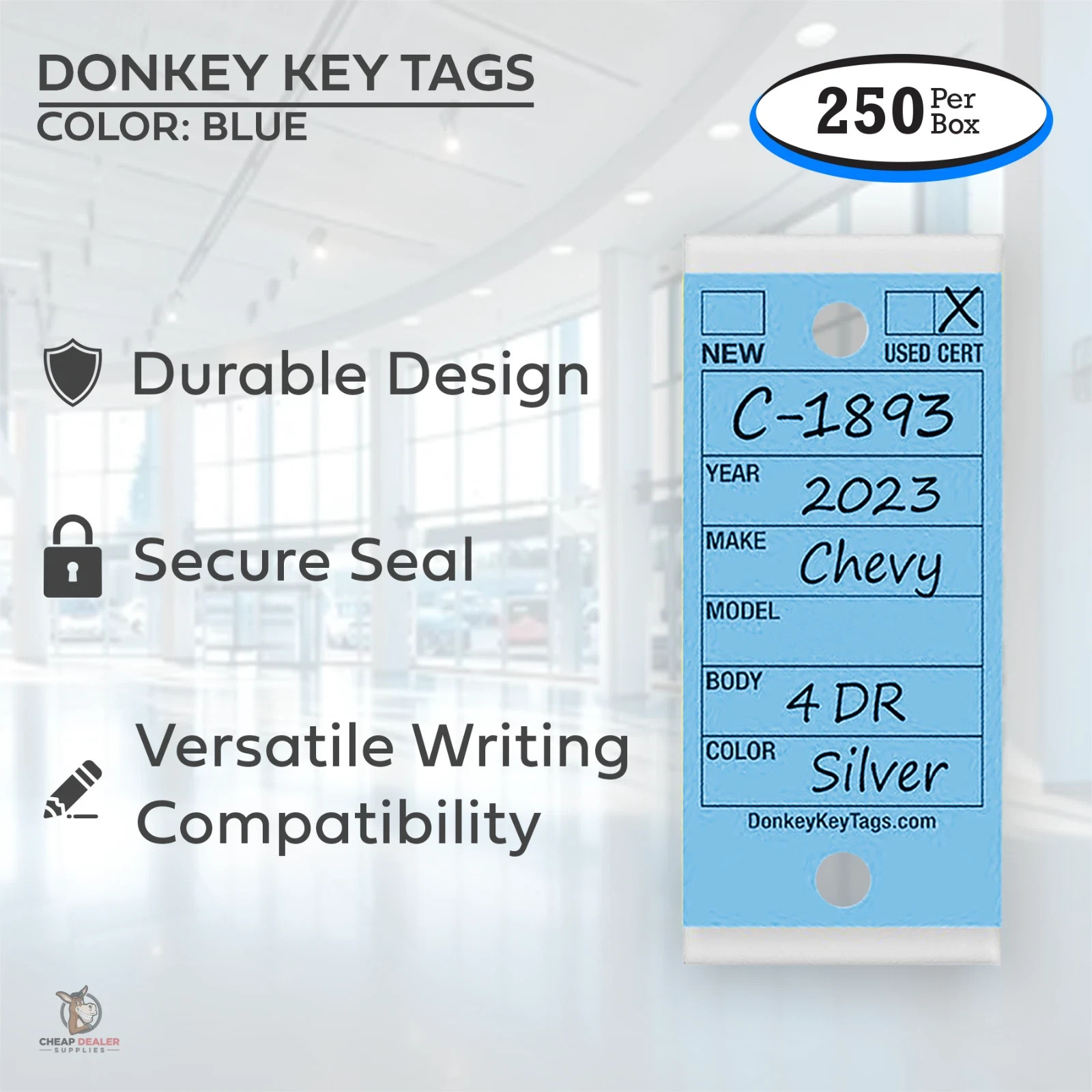 Car Dealer Key Tags (Laminated Self-Protecting) (250 Tags w/ Metal Rings)