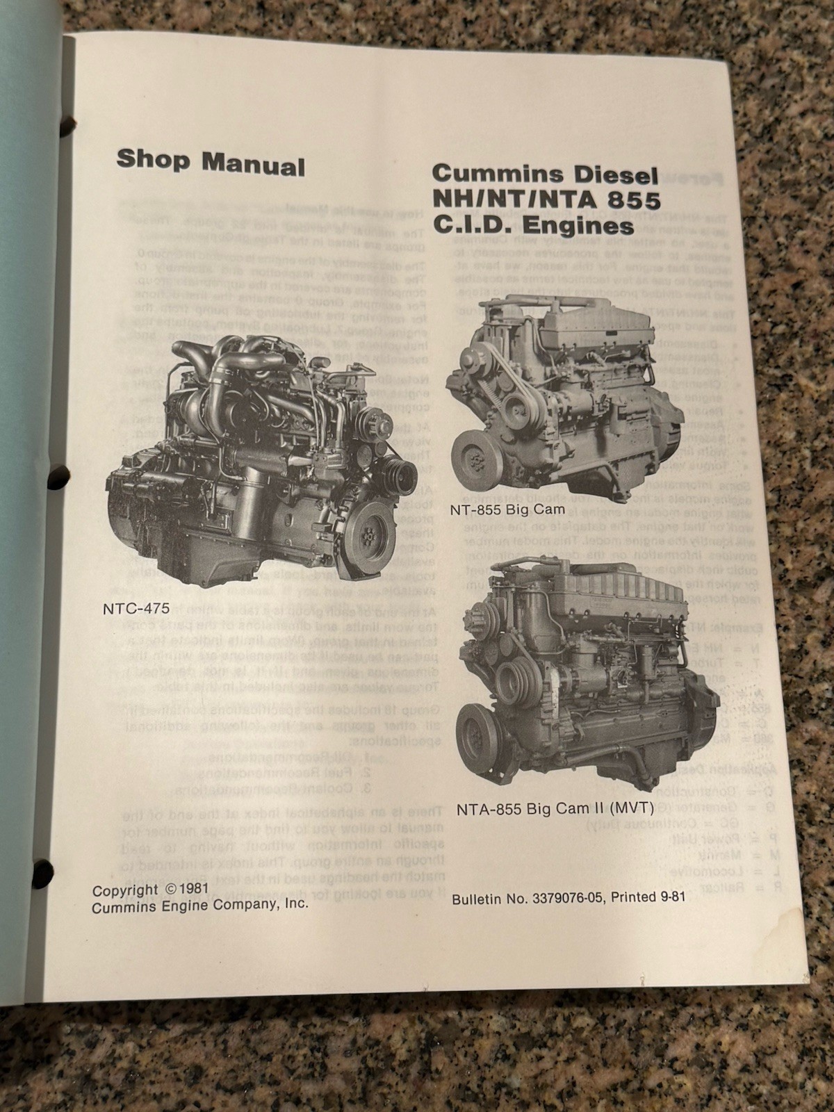 CUMMINS NH NT NTA 855 C.I.D ENGINE SERVICE SHOP REPAIR MANUAL 1981