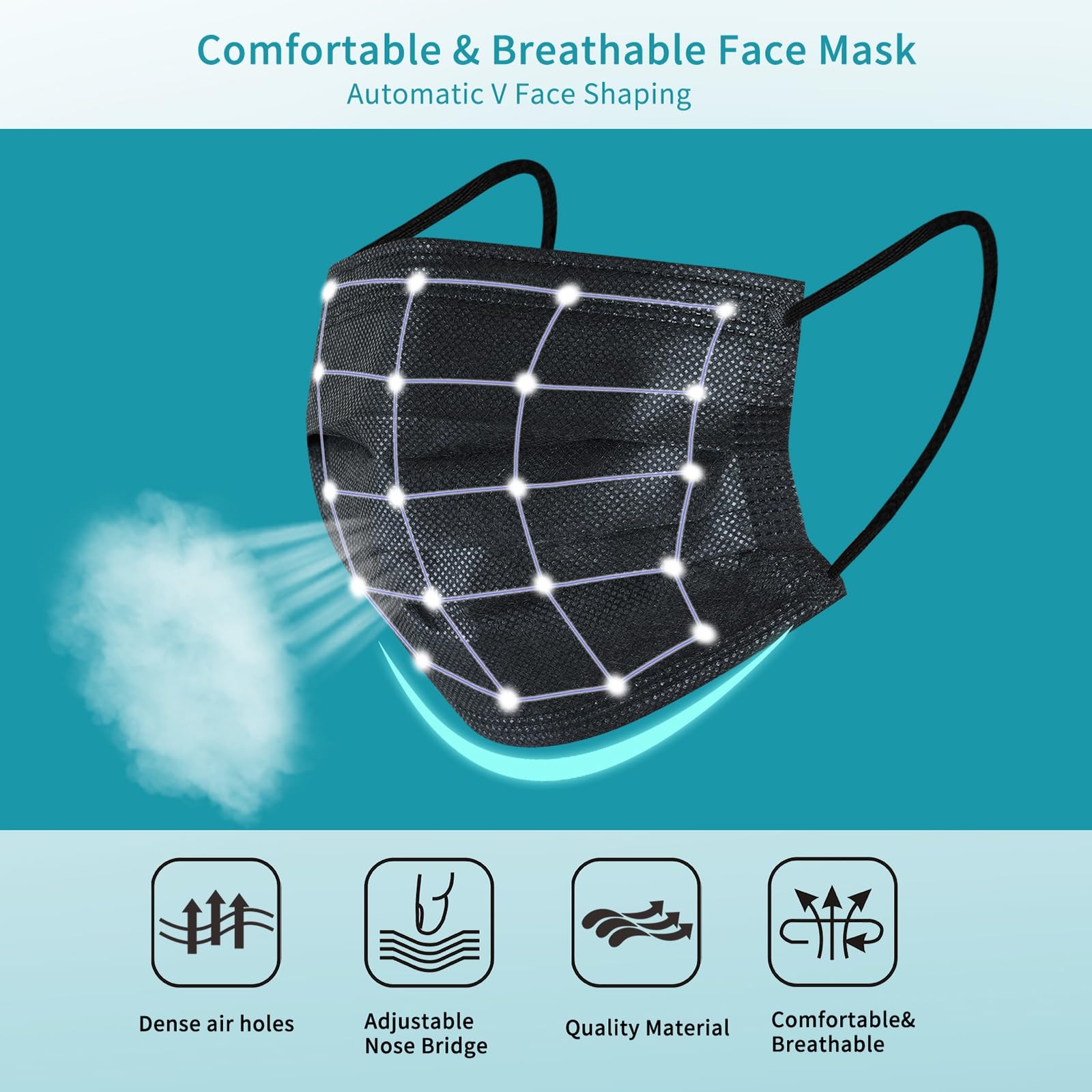 100Pcs Disposable Face Masks, Black Face Mask, 3 Ply Disposable Mask