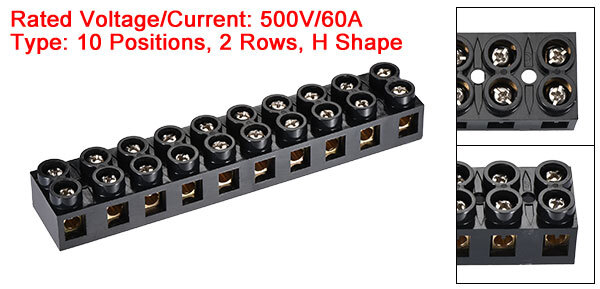 Terminal Block 500V 60A Dual Row 10 Positions Screw Electric Barrier Strip