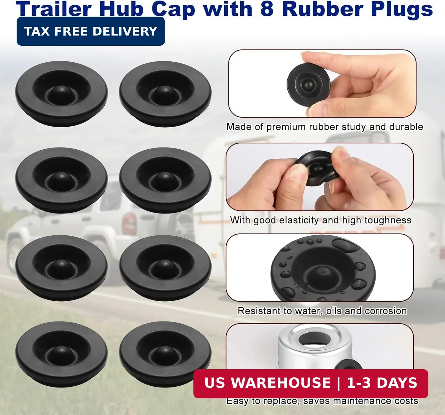 4Pack 2.72» Trailer Hub Cap Trailer Wheel Bearing Dust Cap with Extra 4 Rubber