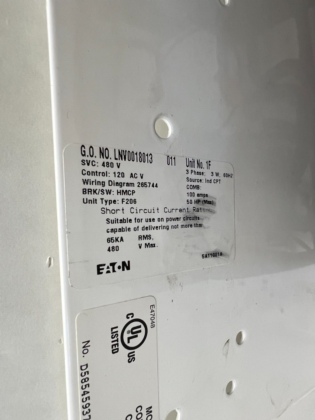 Eaton AN19KN0 Size 3 LNV0018013 Used Bucket HMCP100R3C Brkr 480V 120V Coil #C7