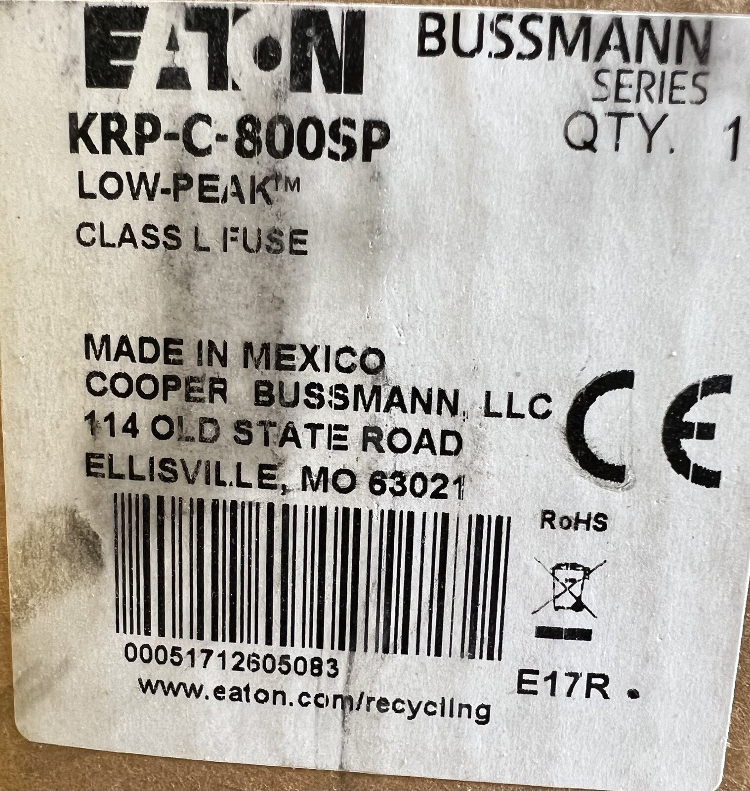 Eaton Bussmann KRP-C-800SP Low-Peak Class L Fuse 800A/600V Brand New In Box