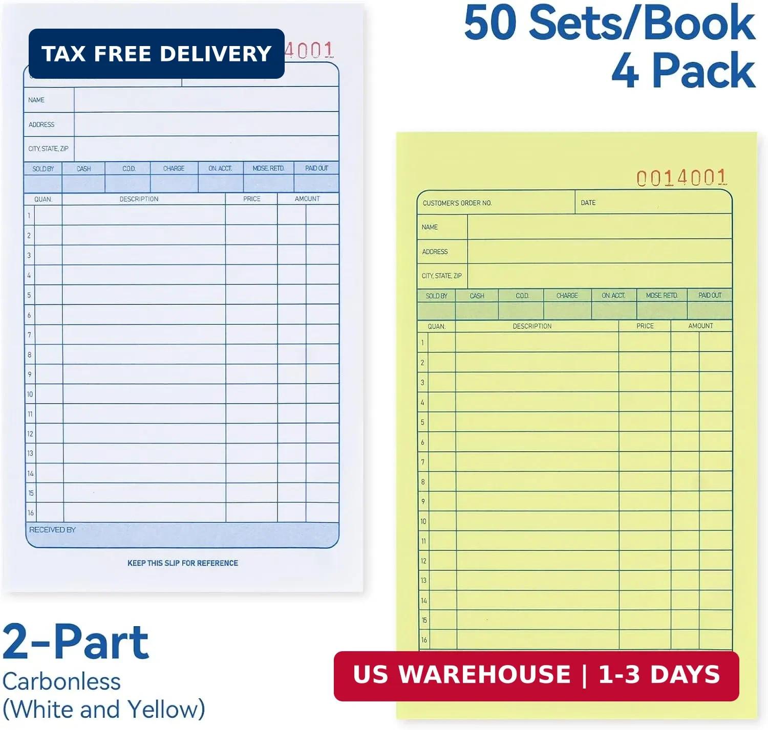 Office Products Sales Order Books, 4 Pack, 2-Part Carbonless (White/Canary Yello