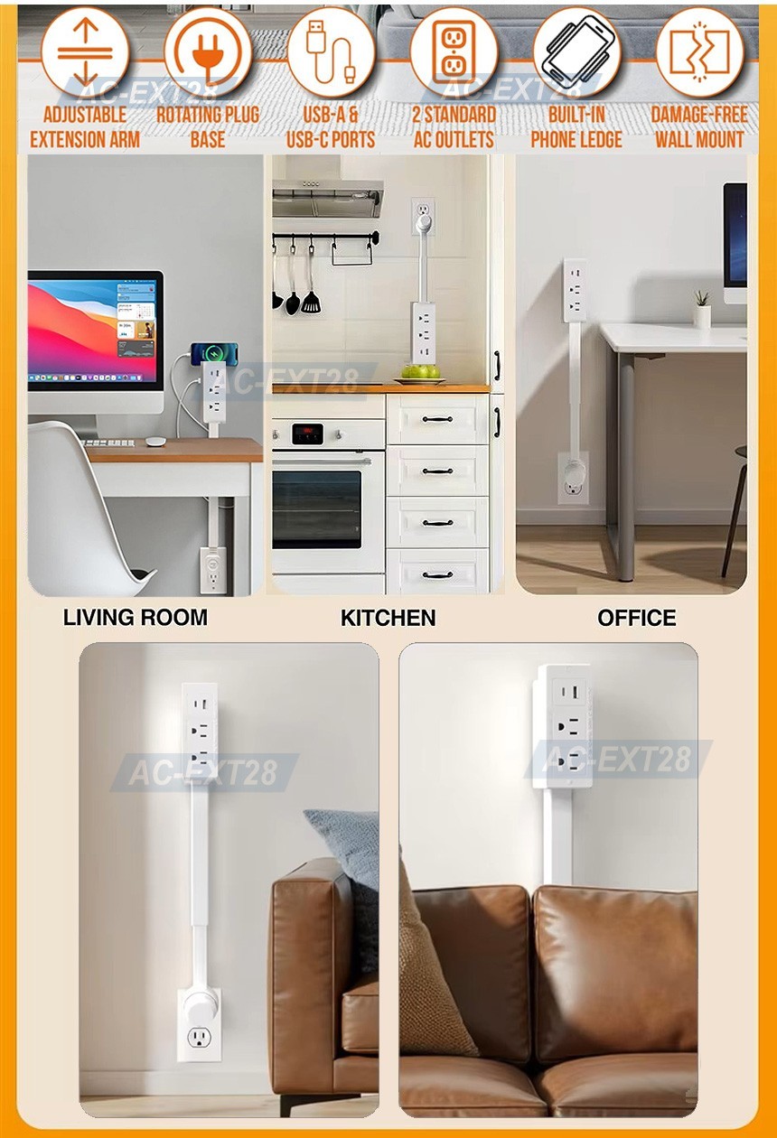 AC Wall Outlet Extender Rotational Stick With 2 AC Outlets 2 USB Ports Max 28″