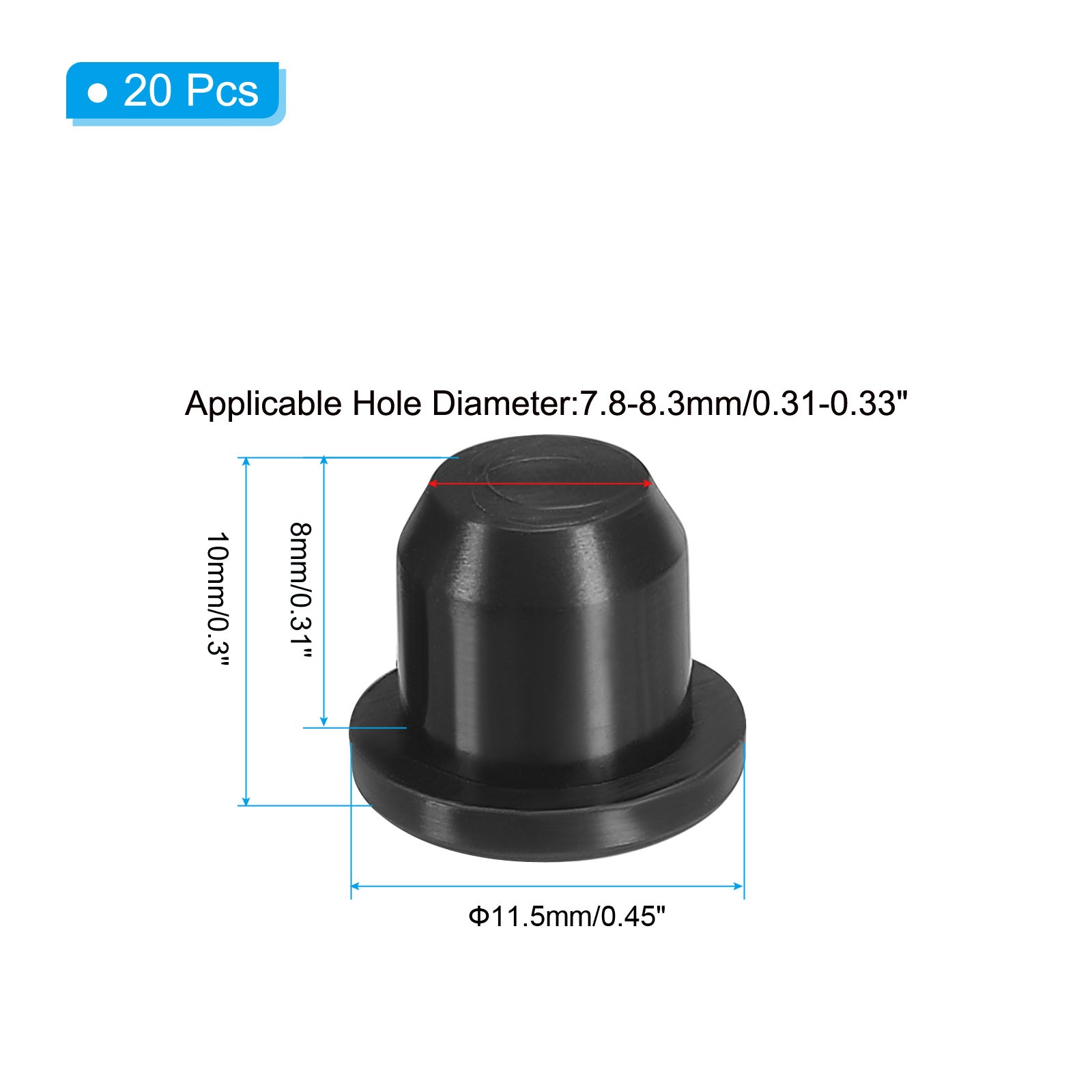 Silicone T-hole Stopper 8.3mm/0.33inch, 20Pack Plug for Cable Gland Hole, Black