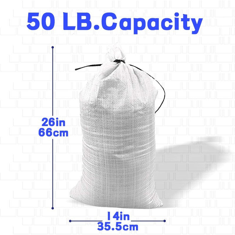 White polyethylene woven sandbags, 14 x 26 in (pack of 50)+ 1 roll of tie straps