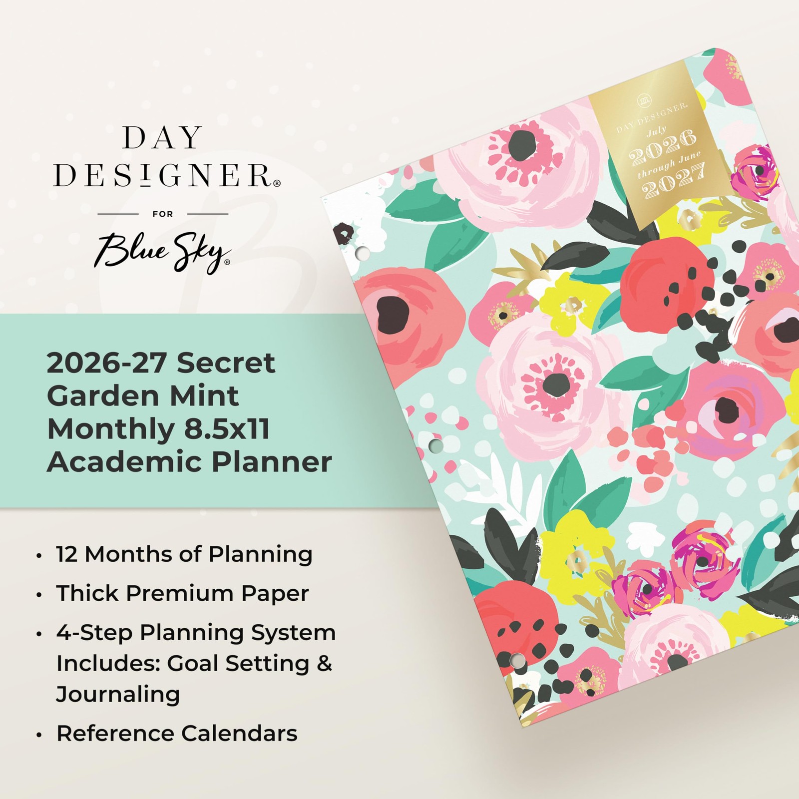 Blue Sky Day Designer 2026-2027 8.5″ x 11″, Secret Garden Mint- 2026/2027