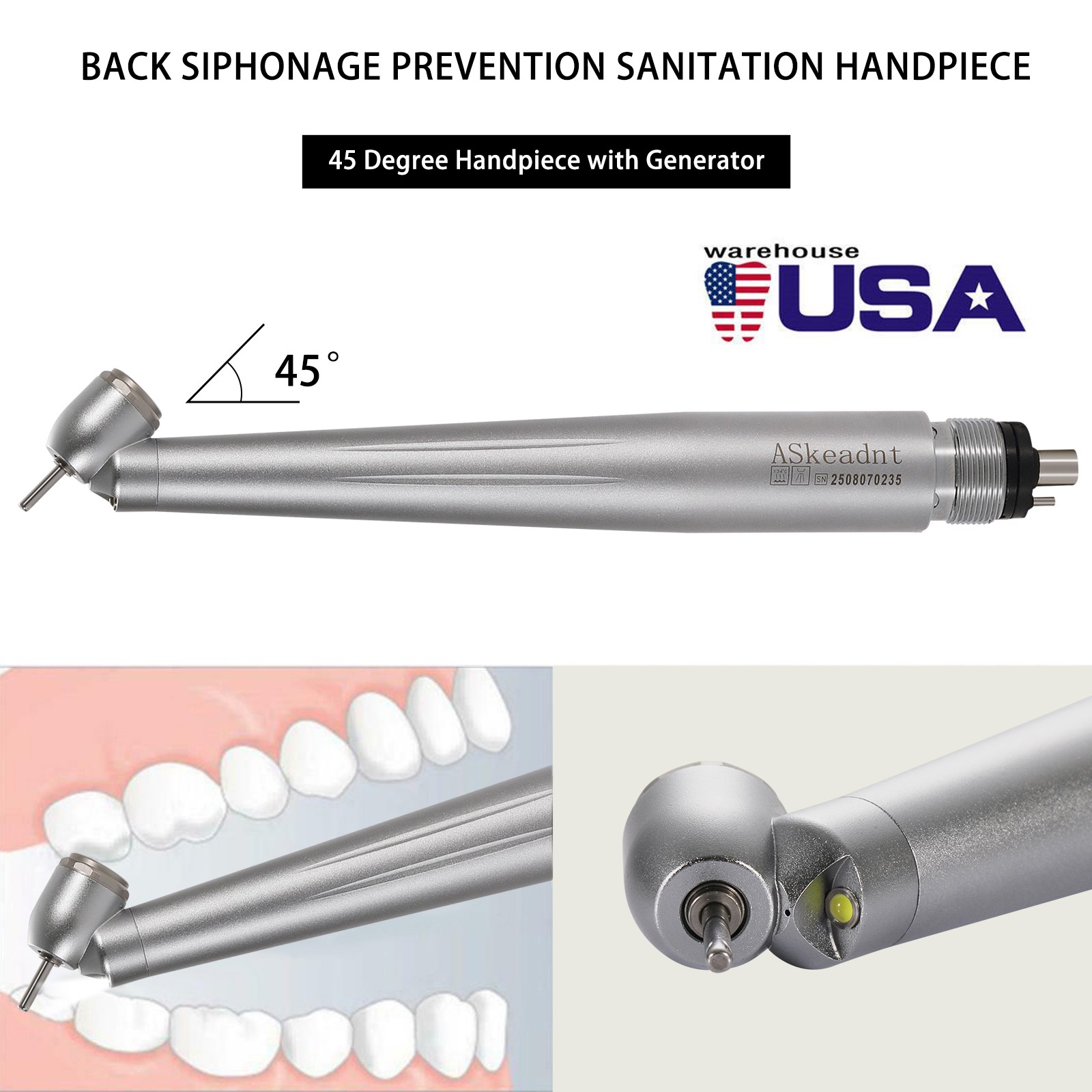 Dental 45 Degree 45° Angle LED E-generator High Speed Handpiece 4 holes ASkeadnt