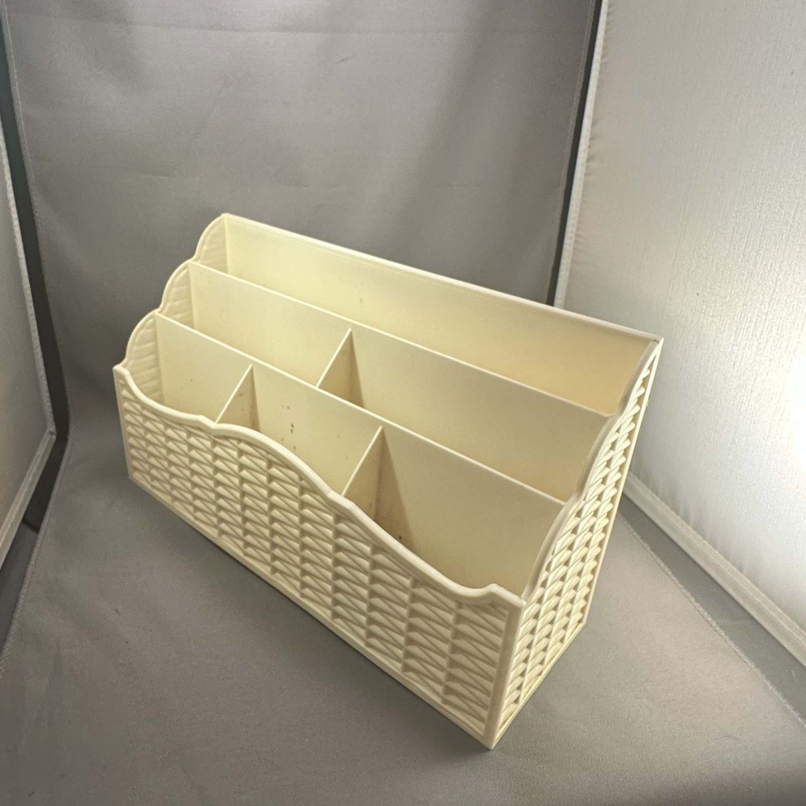 Vintage MCM Action Ind Weave Plastic Beige Desk Organizer For Pens Mail Etc