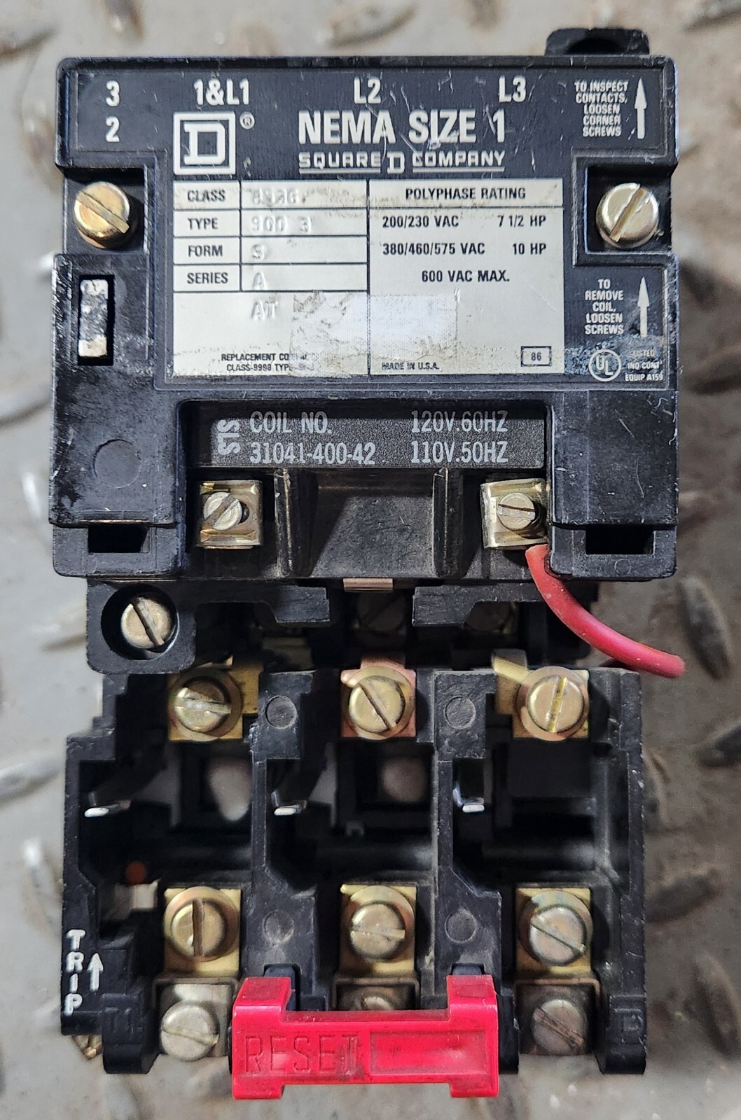 SQUARE D SIZE 1 110/120 VAC COIL SERIES A FORM S 8536SCO3VO2S