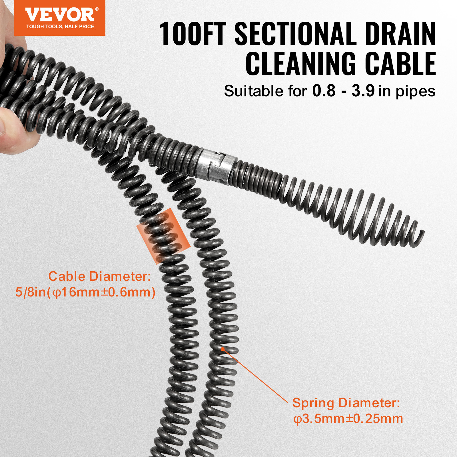 VEVOR Sectional Drain Cleaning Cable 100FTx5/8In & 7 Cutters for 0.8″-3.9″ Pipes