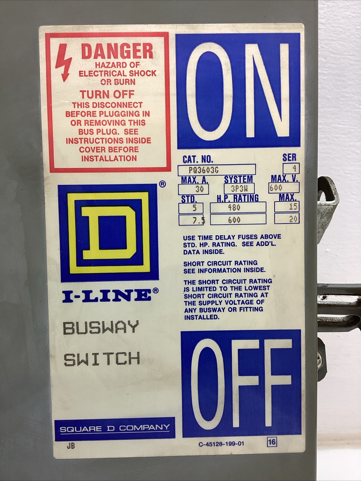 Square D I-Line Busway Switch Unit PQ3603G Series 4 30Amp 600volt