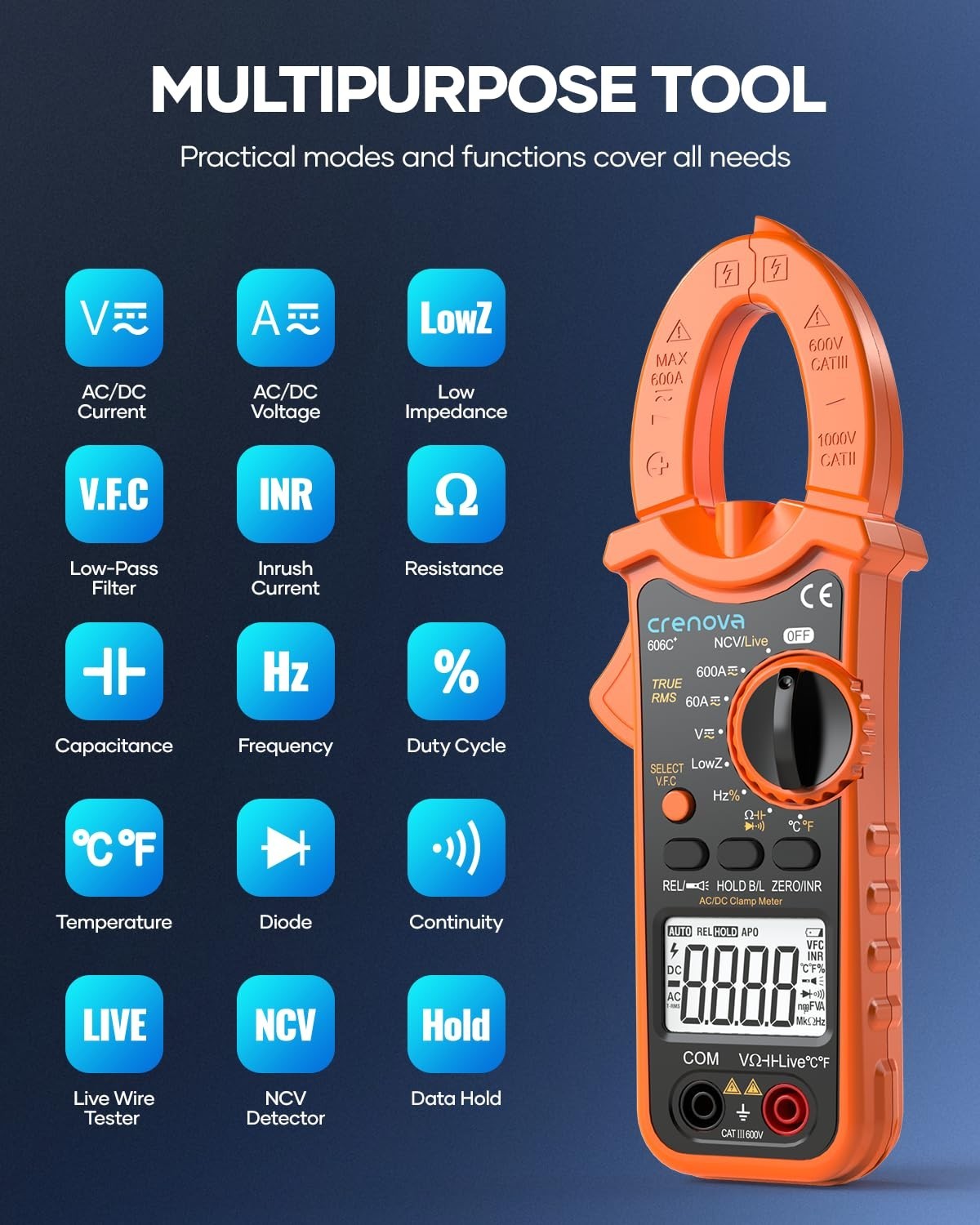 Crenova Clamp Meter Multimeter 6000 Counts TRMS Electrical Tester for AC/DC Curr