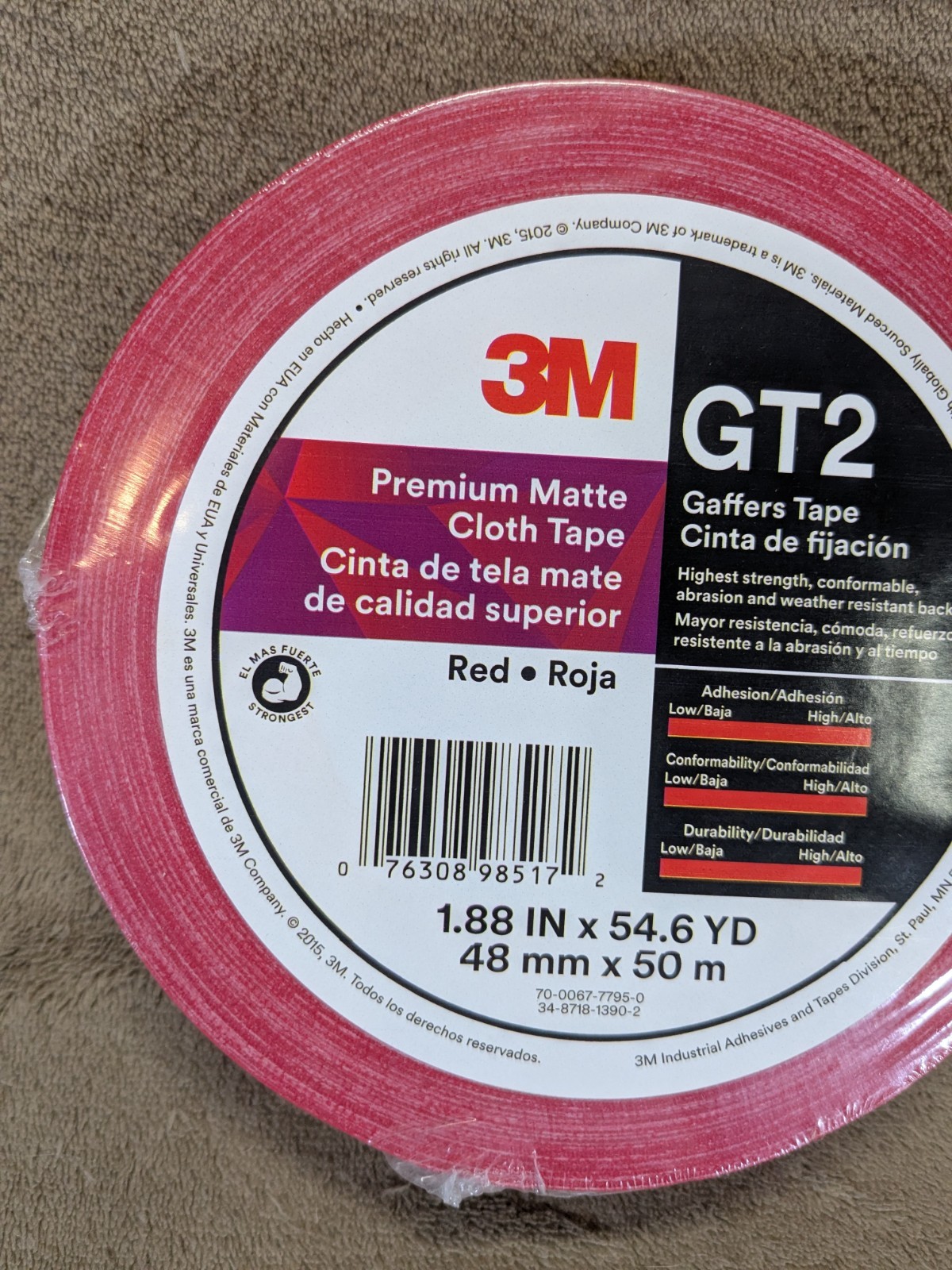 (1 ROLL) 3M Gaffers Tape RED 2″ x 54.6 YD GT2 Premium Matte Cloth – NEW