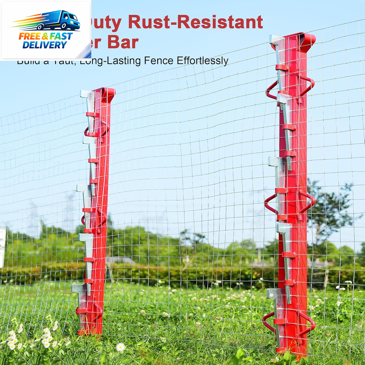 4Ft Woven Wire Fence Stretcher Bar with 5 Wedges, Heavy-Duty Carbon Steel Fence