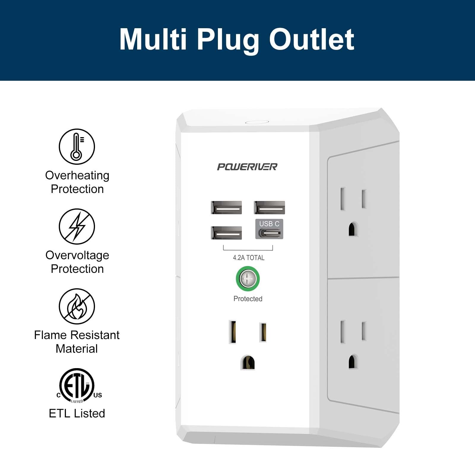 Usb Wall Charger, Multi Outlet Extender Surge Protector With 4 Usb Ports, 1680j