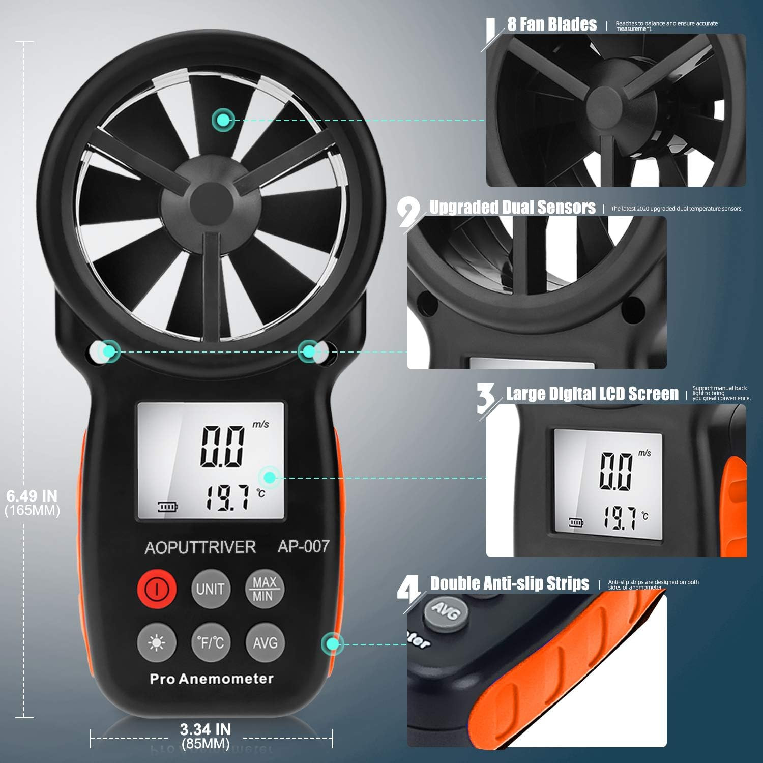 8-Vane Handheld Anemometer Wind Speed Meter,Tripod Mount, Wind Chill,LCD Backlit
