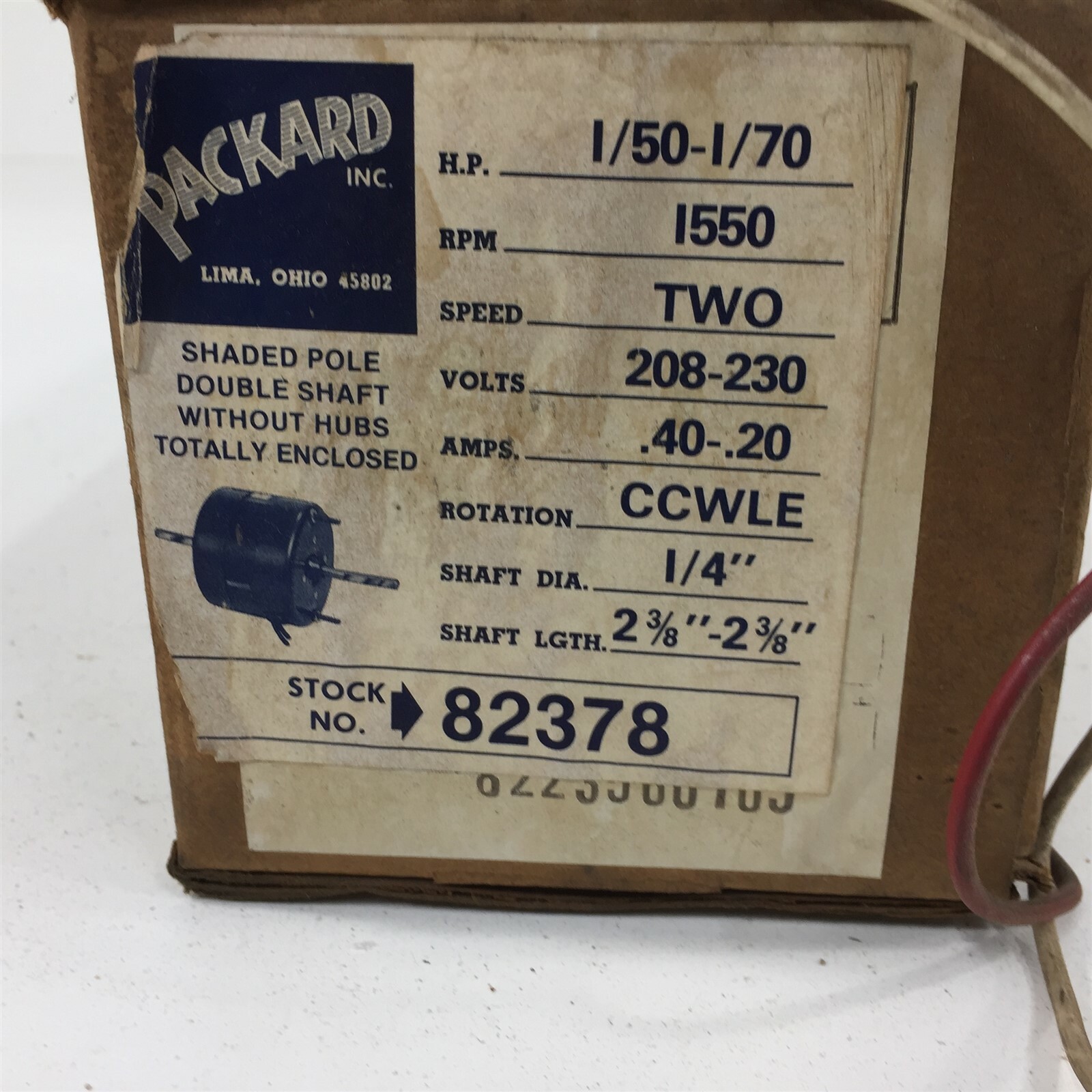 Packard Motor 82378 1/50-1/70HP 1550RPM 208-230V .4-.2A CCWLE 1/4″ Shaft