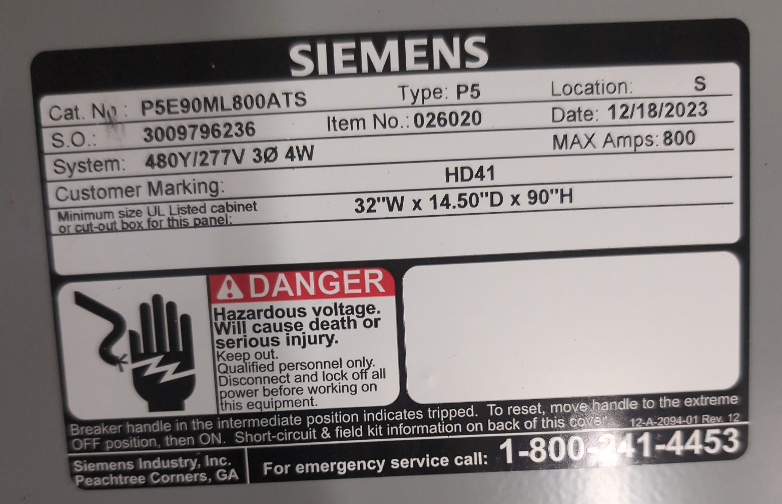 Siemens Siemens P5 800A 480/277V 3PH 4W MLO 80 Cir Indoor Panelboard NEW