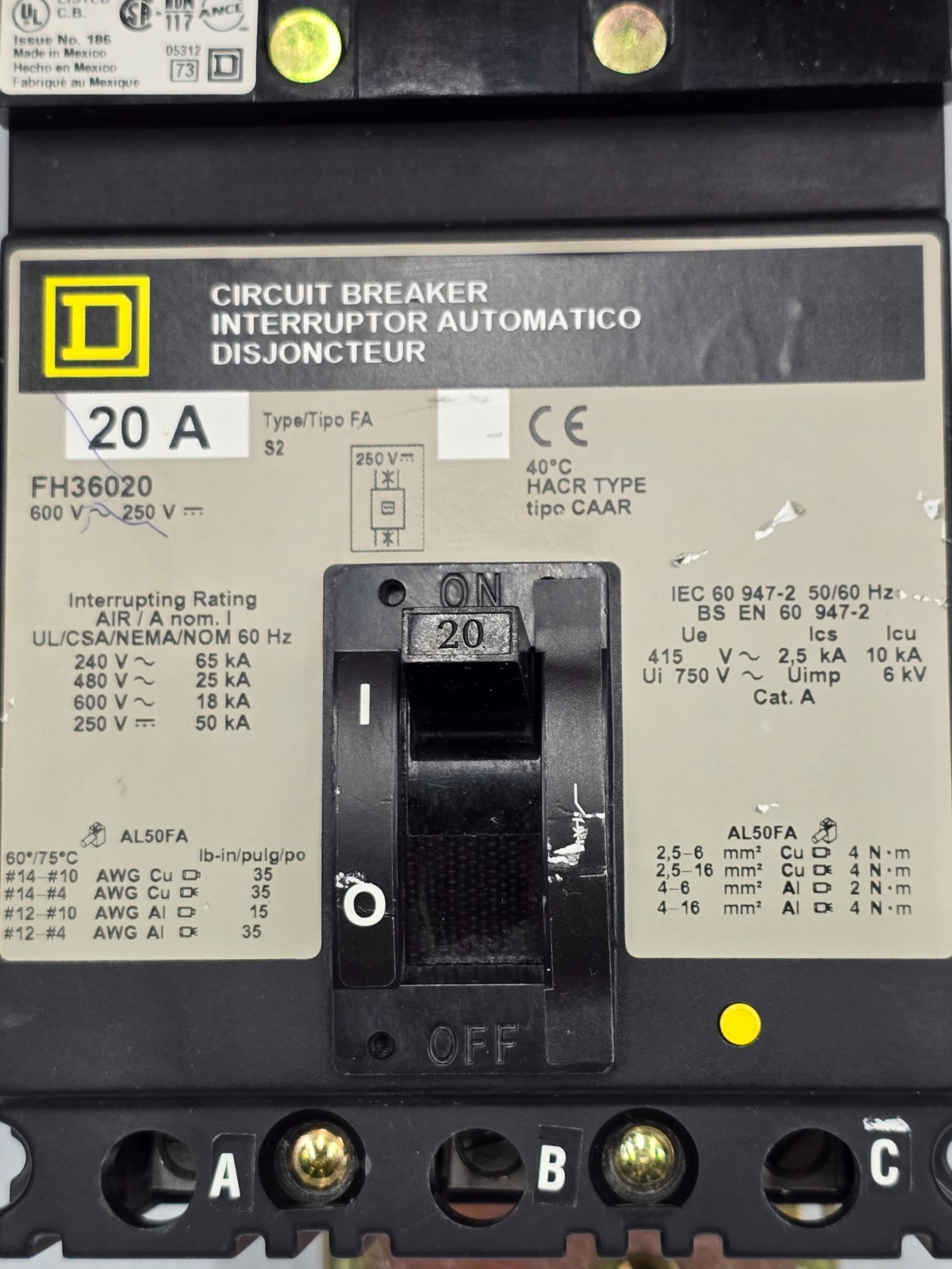 Square D 20 Amp I-Line Circuit Breaker 600 VAC 3 pole 65 kA FH36020