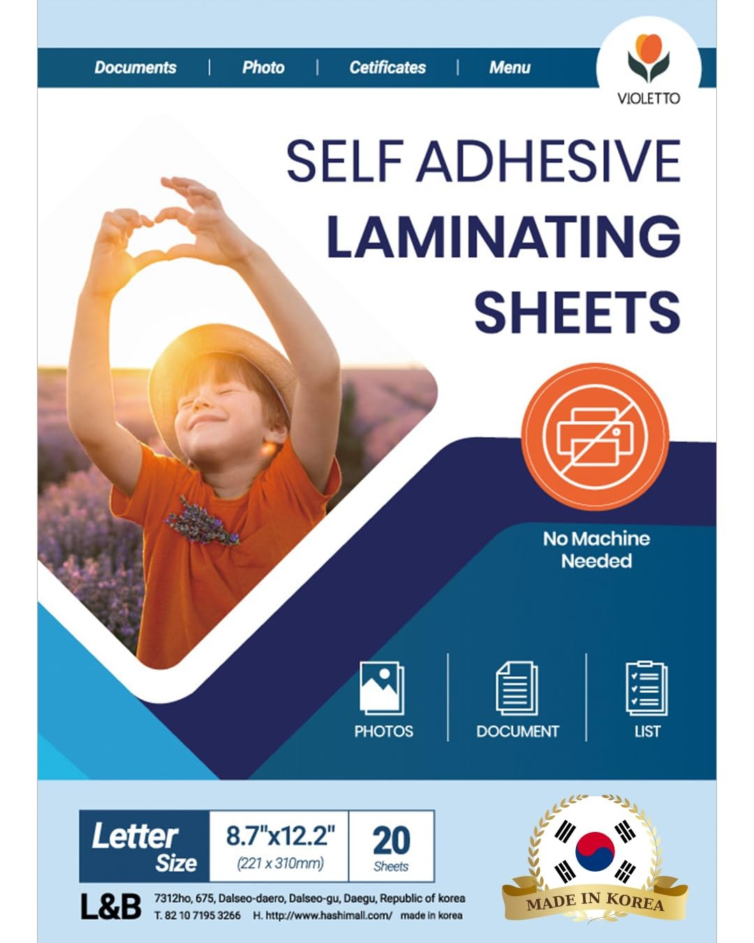 VIOLETTO Self-Stick Laminating Sheets, No Heat, 8.7×12.2 in, 4 Mil, 20 Pack