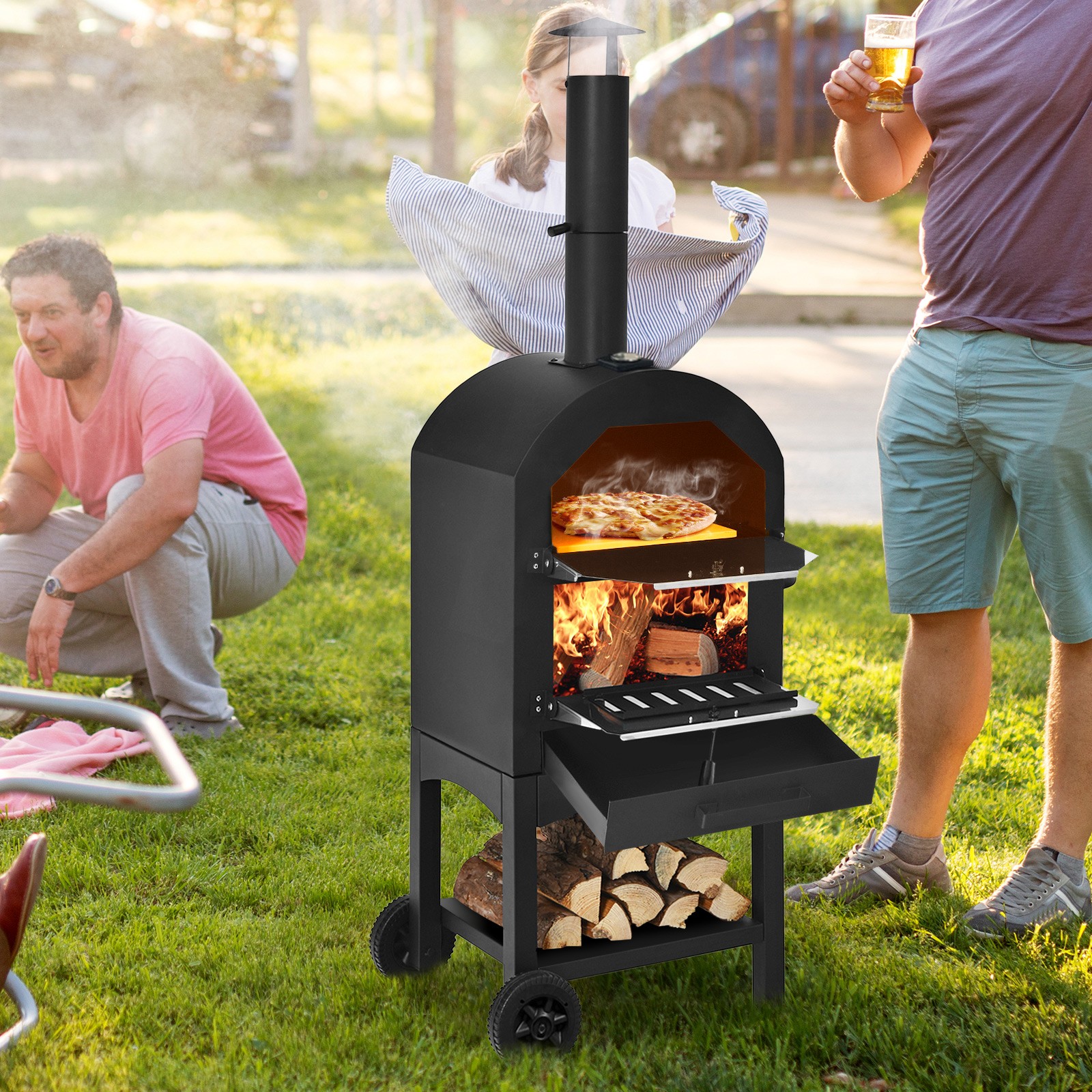Pizza Oven Wood Fire Pizza Maker Grill w/ Waterproof Cover&Pizza Stone Outdoor