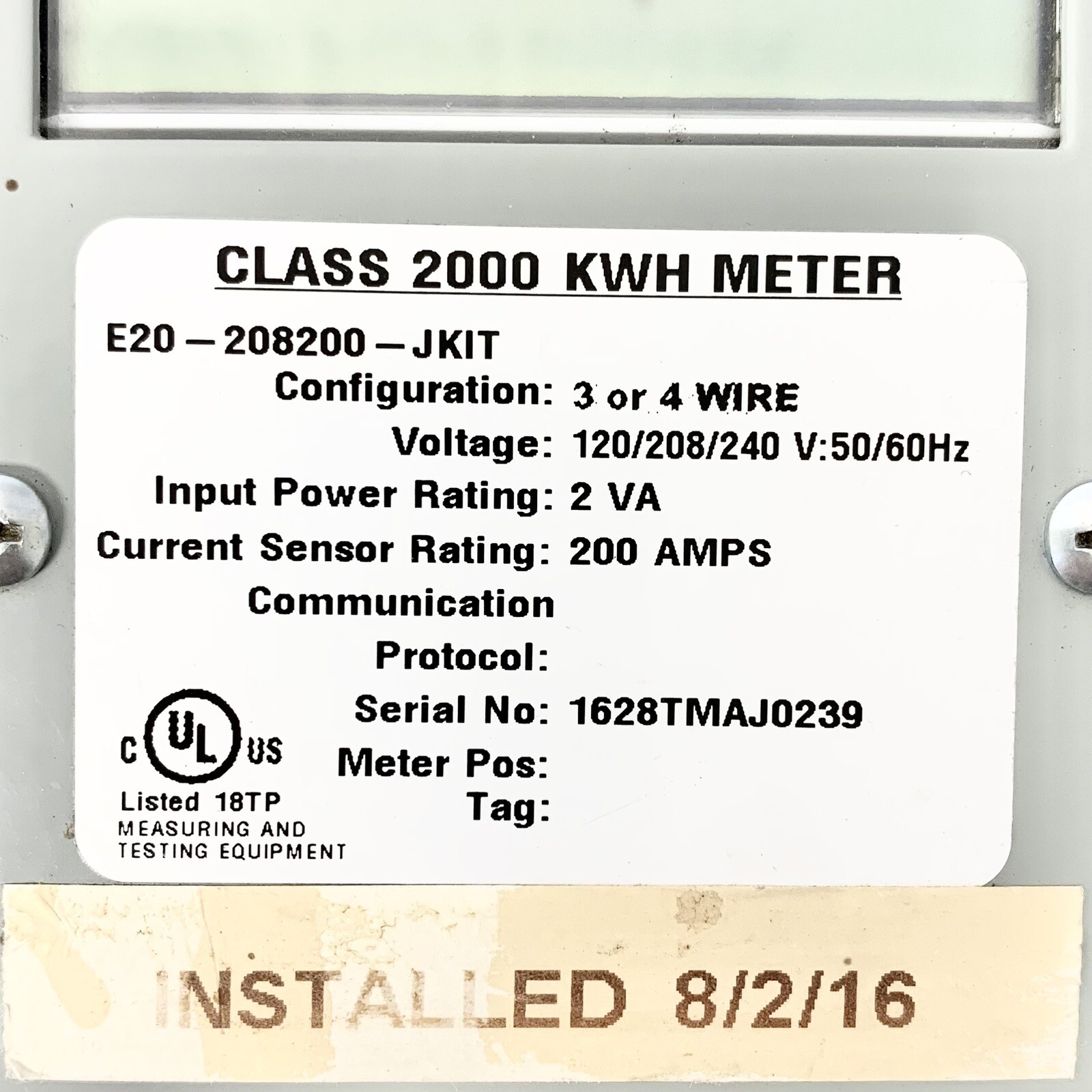 E-Mon E20-208200-J-KIT Class 2000 kWh Submeter 208V 200A (Panel Only)
