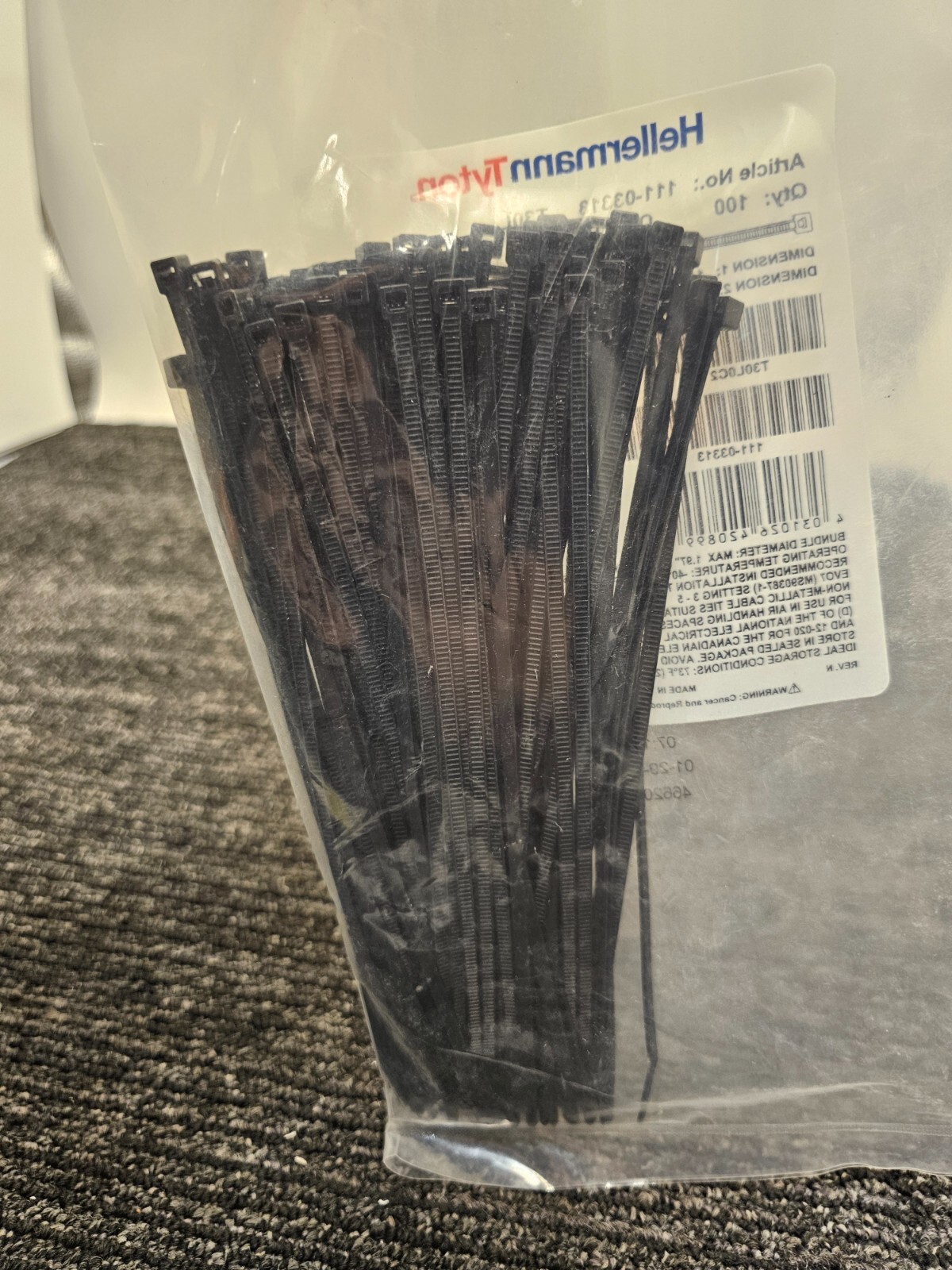 (QTY 1100) HellermannTyton 111-03313 T30L Nylon Cable Tie, Black, 7.5″ 30lb